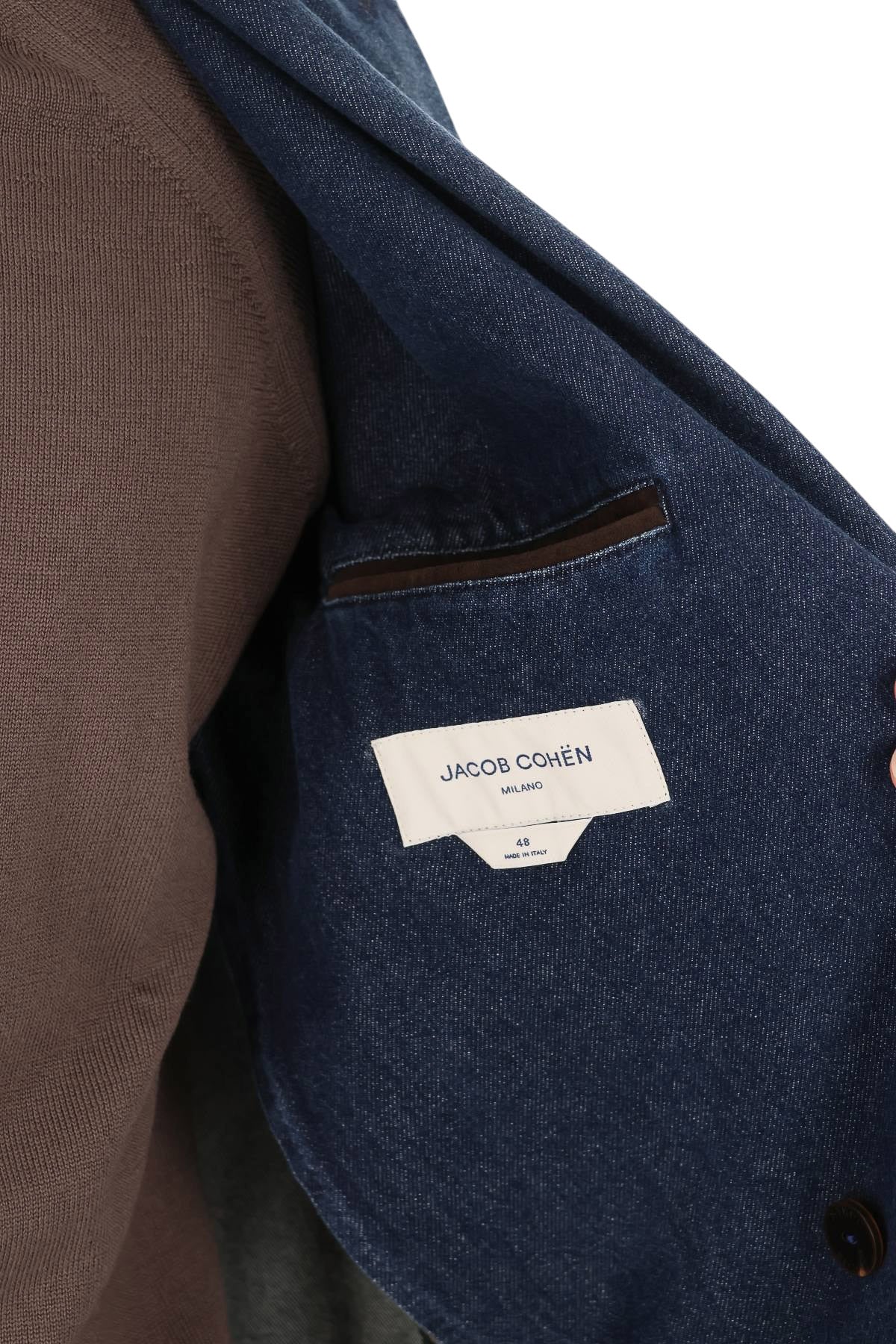 Jacob Cohen Giacca doppiopetto in denim di cotone con profili in pelle I0013 081 T811A 100D 
