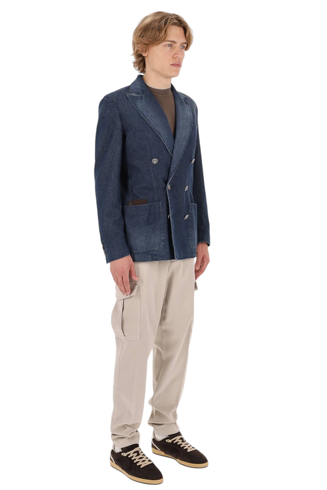 Jacob Cohen Giacca doppiopetto in denim di cotone con profili in pelle I0013 081 T811A 100D 
