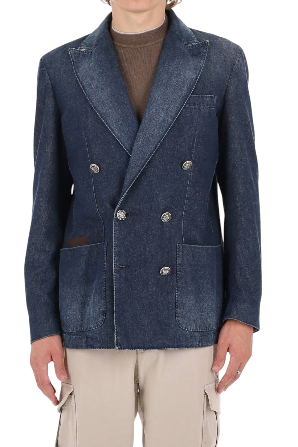 Jacob Cohen Giacca doppiopetto in denim di cotone con profili in pelle I0013 081 T811A 100D 