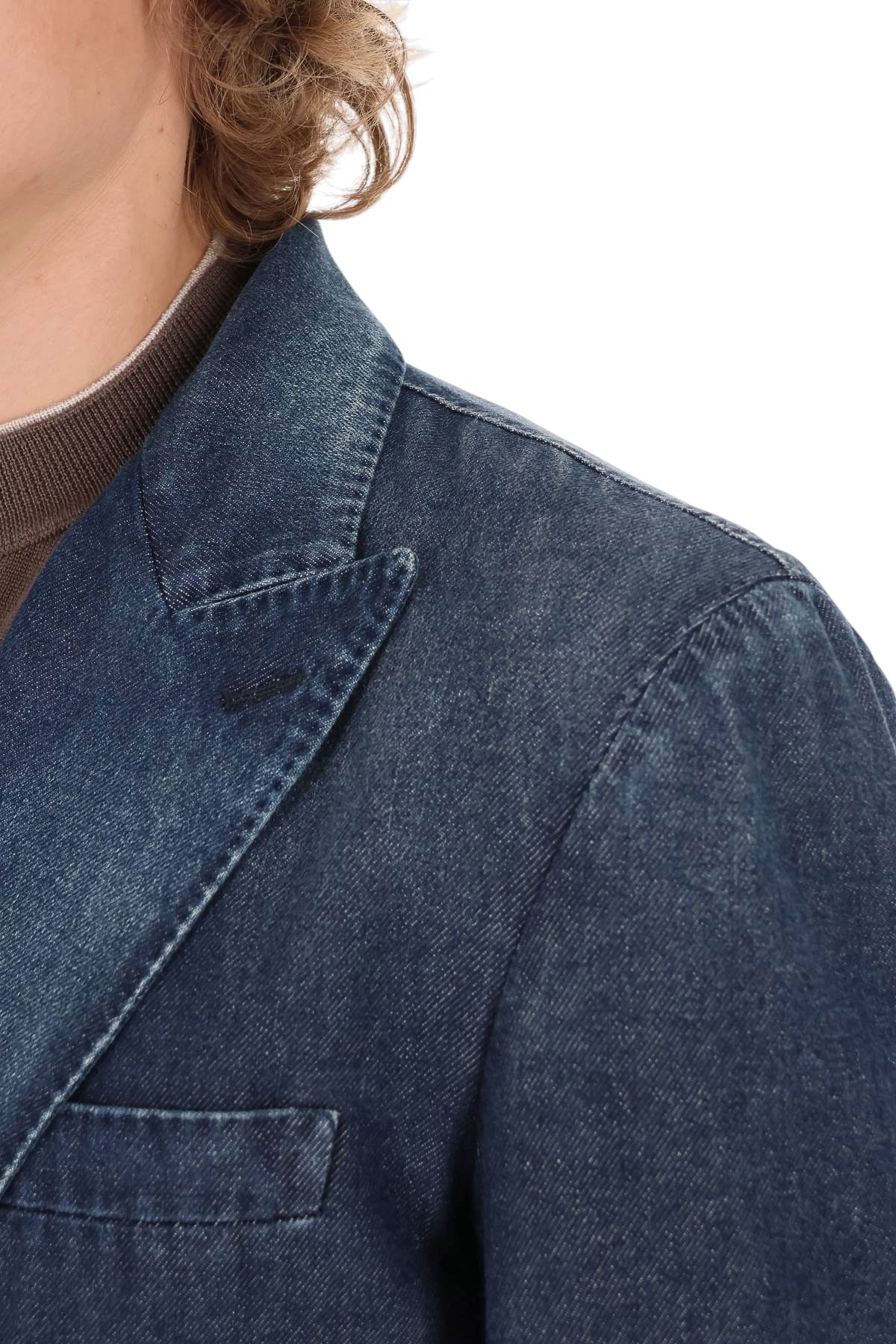 Jacob Cohen Giacca doppiopetto in denim di cotone con profili in pelle I0013 081 T811A 100D 