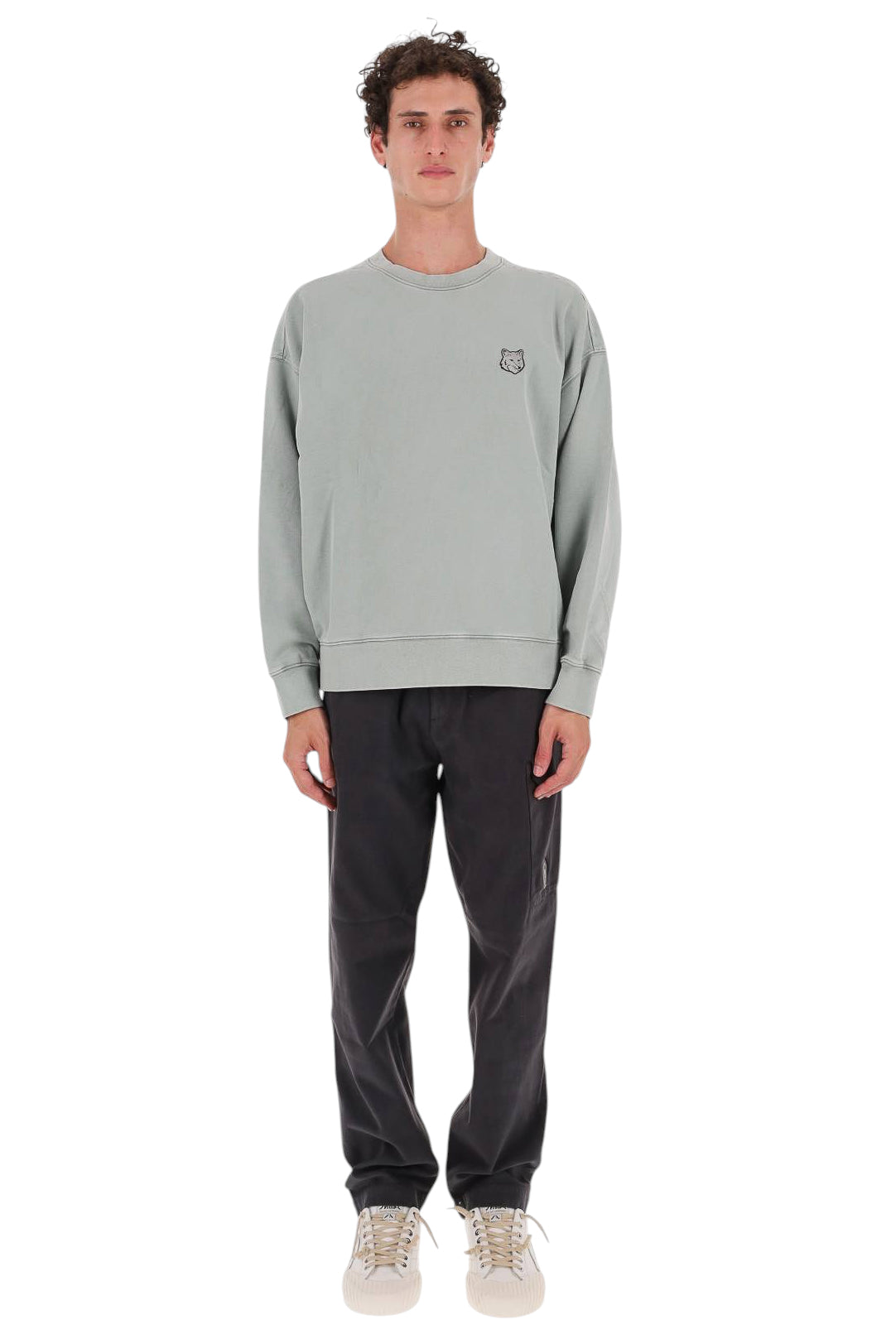 Maison Kitsuné Felpa girocollo faded con volpe grigia MRMJS07KMBIT5 DESERT GREEN FADED 