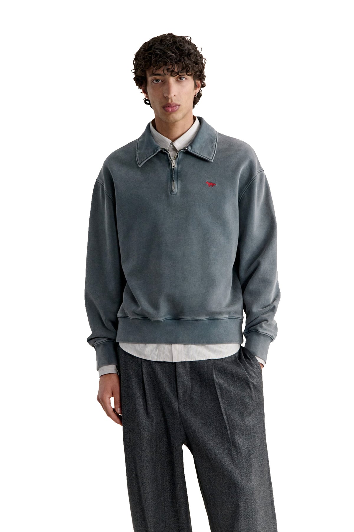 Maison Kitsuné Felpa mezza zip in cotone faded con Profile Fox MRMJS08KMBIT5 TURBULENCE FADED 