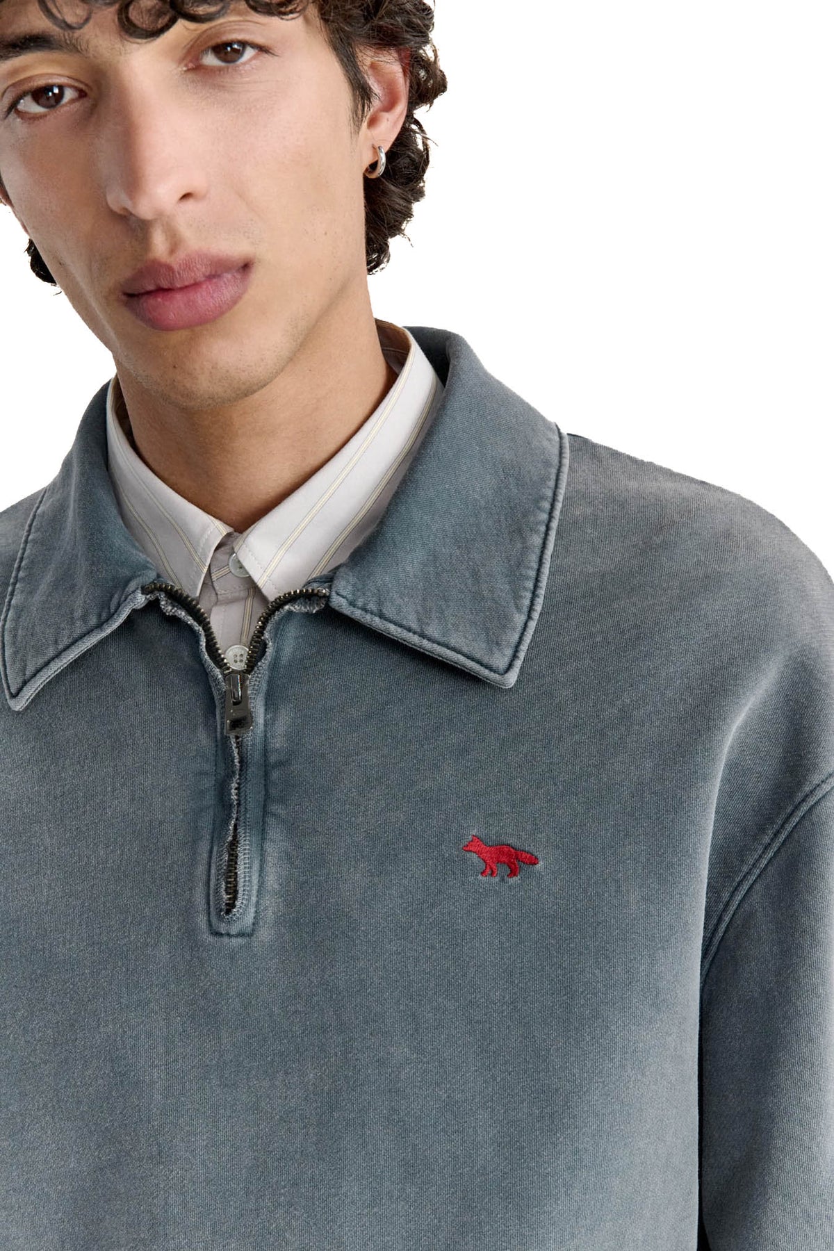 Maison Kitsuné Felpa mezza zip in cotone faded con Profile Fox MRMJS08KMBIT5 TURBULENCE FADED 
