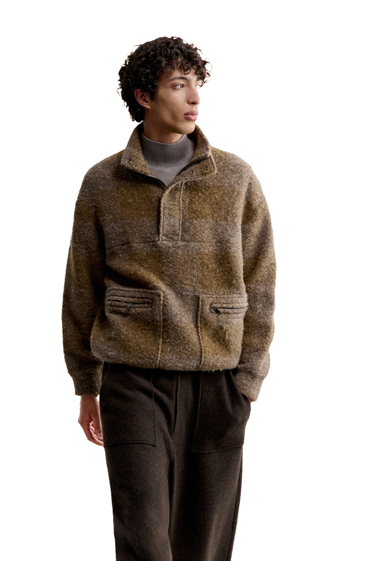 Maison Kitsuné Giubbotto-maglia Popover Sherpa in pile MRMJV02KA0051 DARK TAUPE 
