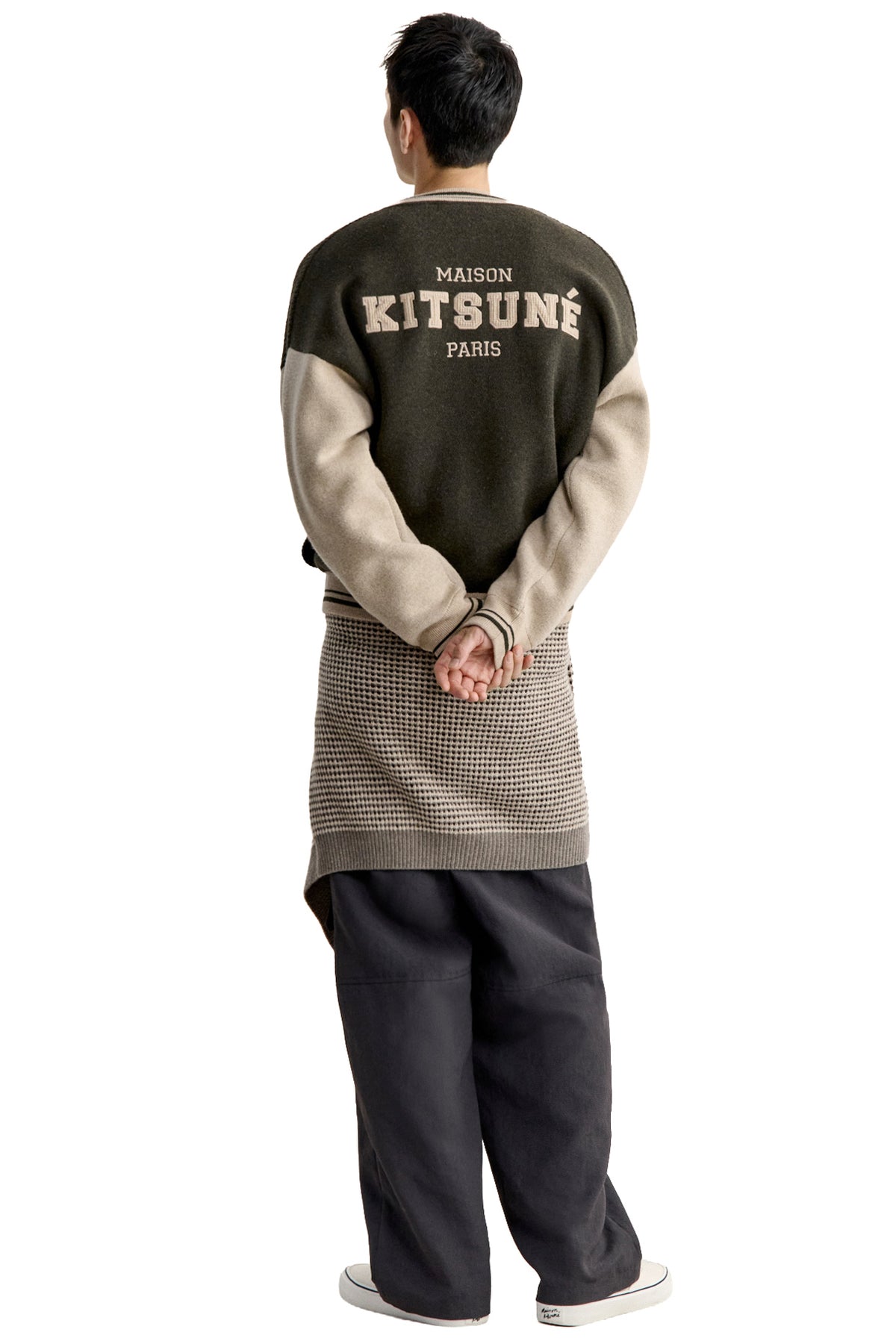 Maison Kitsuné Cardigan College in pura lana merino double face con dettagli varsity MRMKCO5KT1225 BELUGA/DUSTY BEIGE 