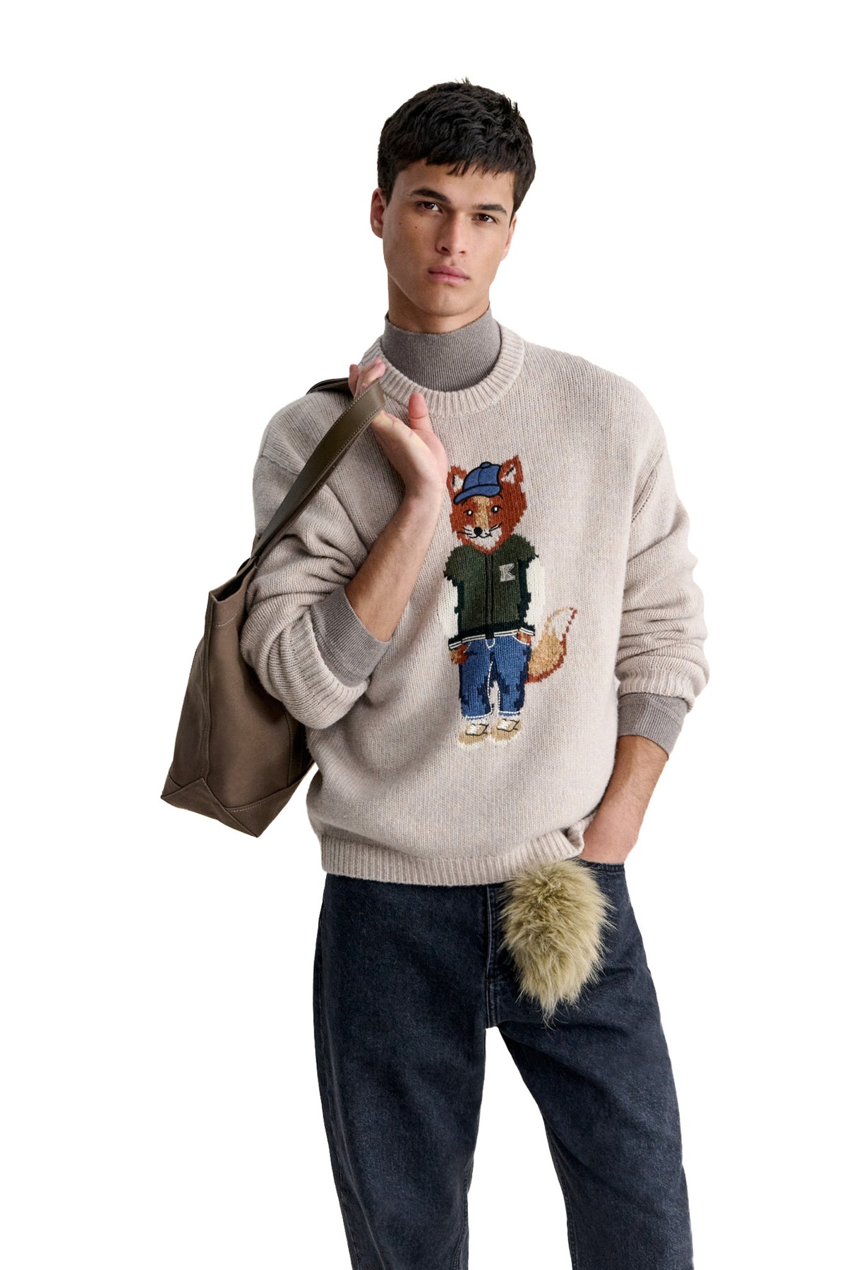 Maison Kitsuné Maglia girocollo Dressed Fox Intarsia in lana Moon Beige MRMKJ02KT1241 MOON BEIGE 