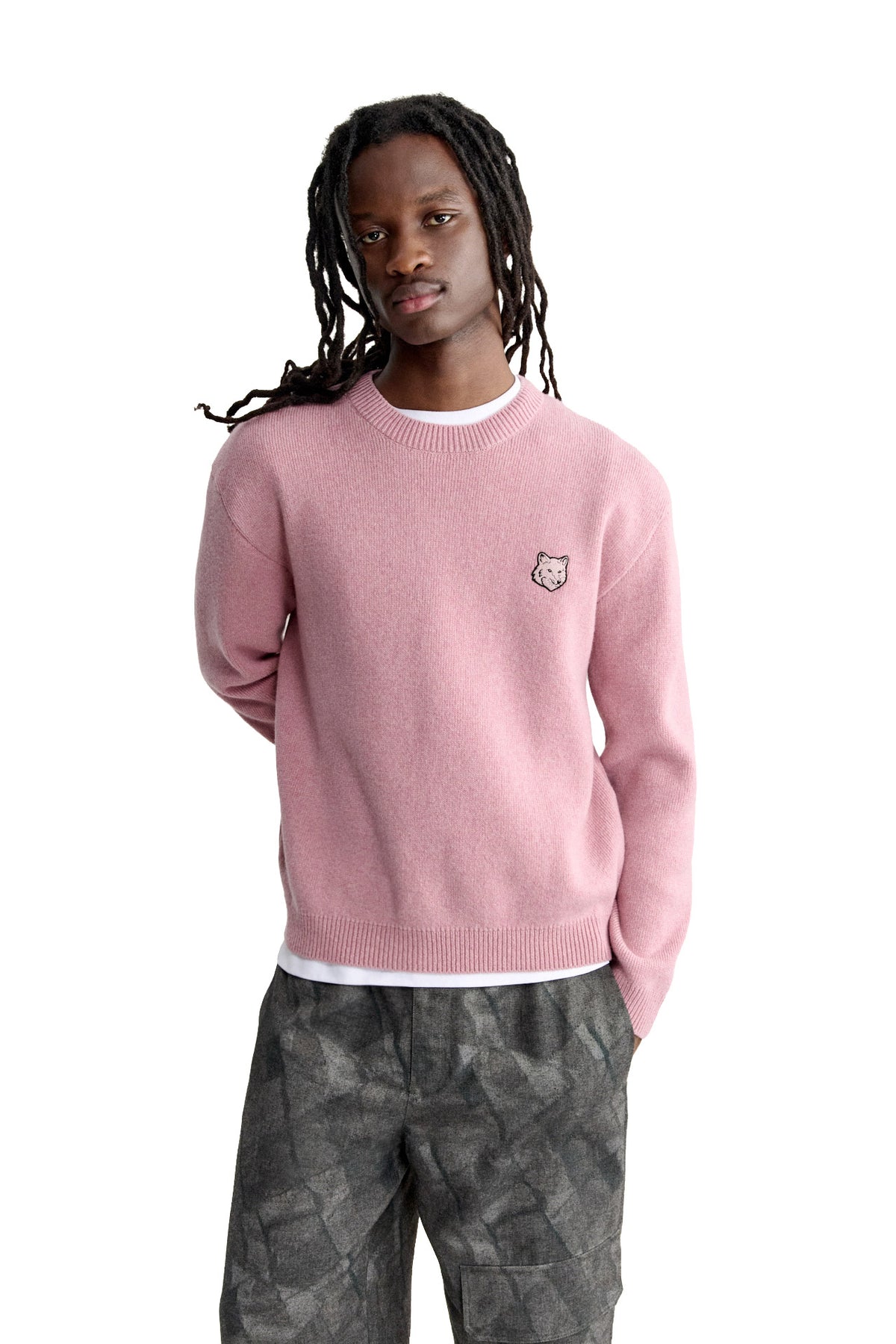 Maison Kitsuné Maglia girocollo Milano in lana di agnello con Fox Head MRMKJ15KT1180 DEEP ROSE 