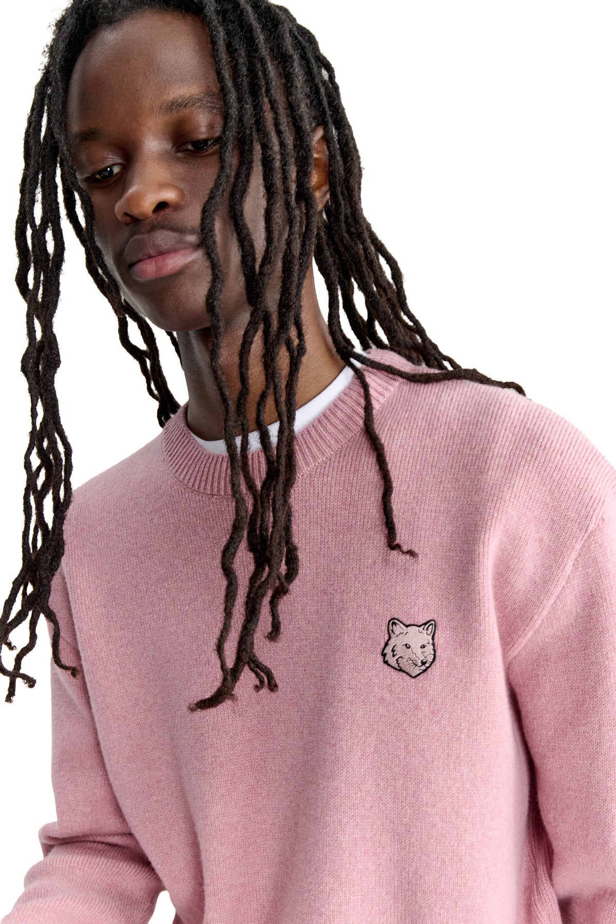 Maison Kitsuné Maglia girocollo Milano in lana di agnello con Fox Head MRMKJ15KT1180 DEEP ROSE 