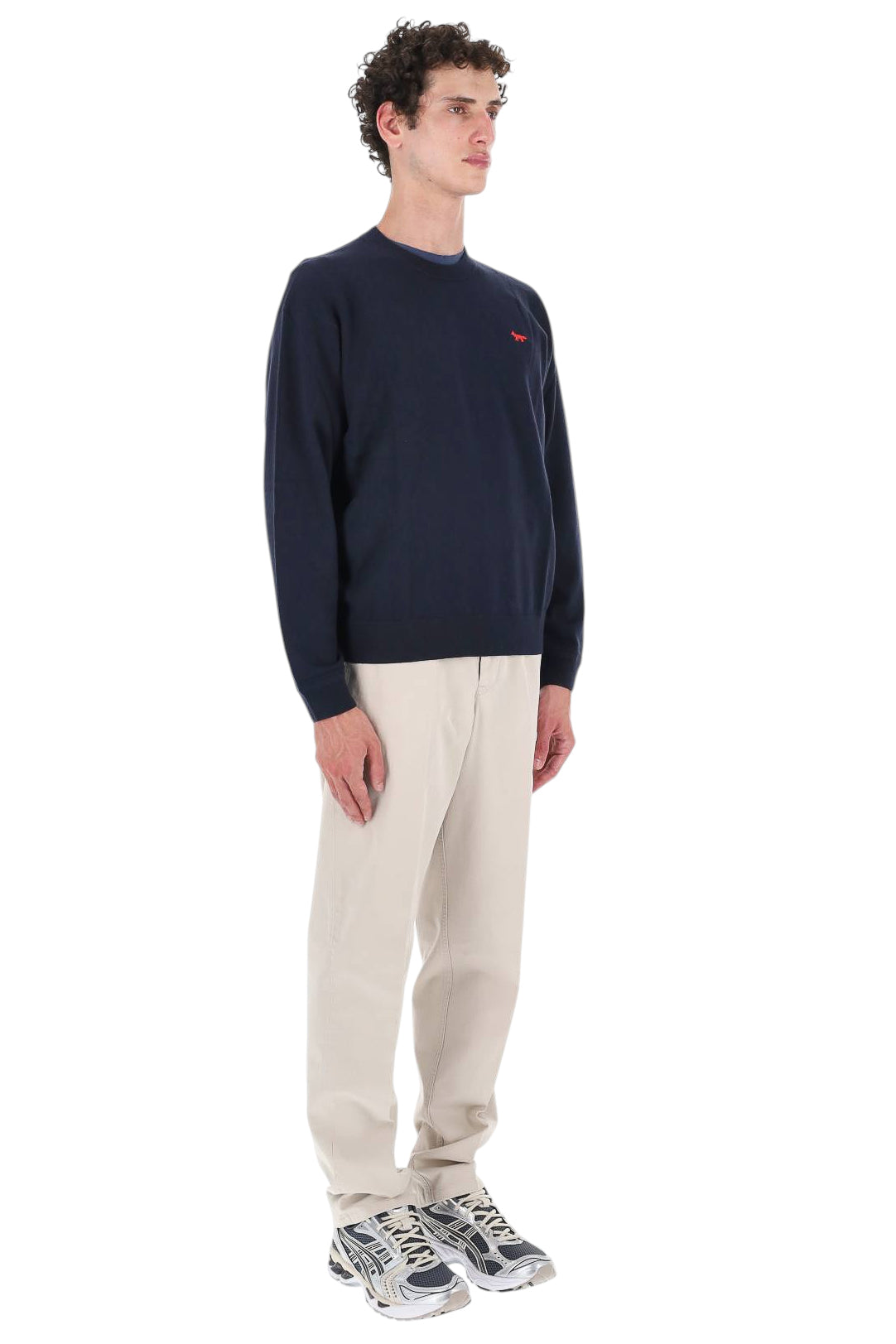 Maison Kitsuné Maglia girocollo in lana con Red Profile Fox MRMKJ24KT1239 CLASSIC NAVY 