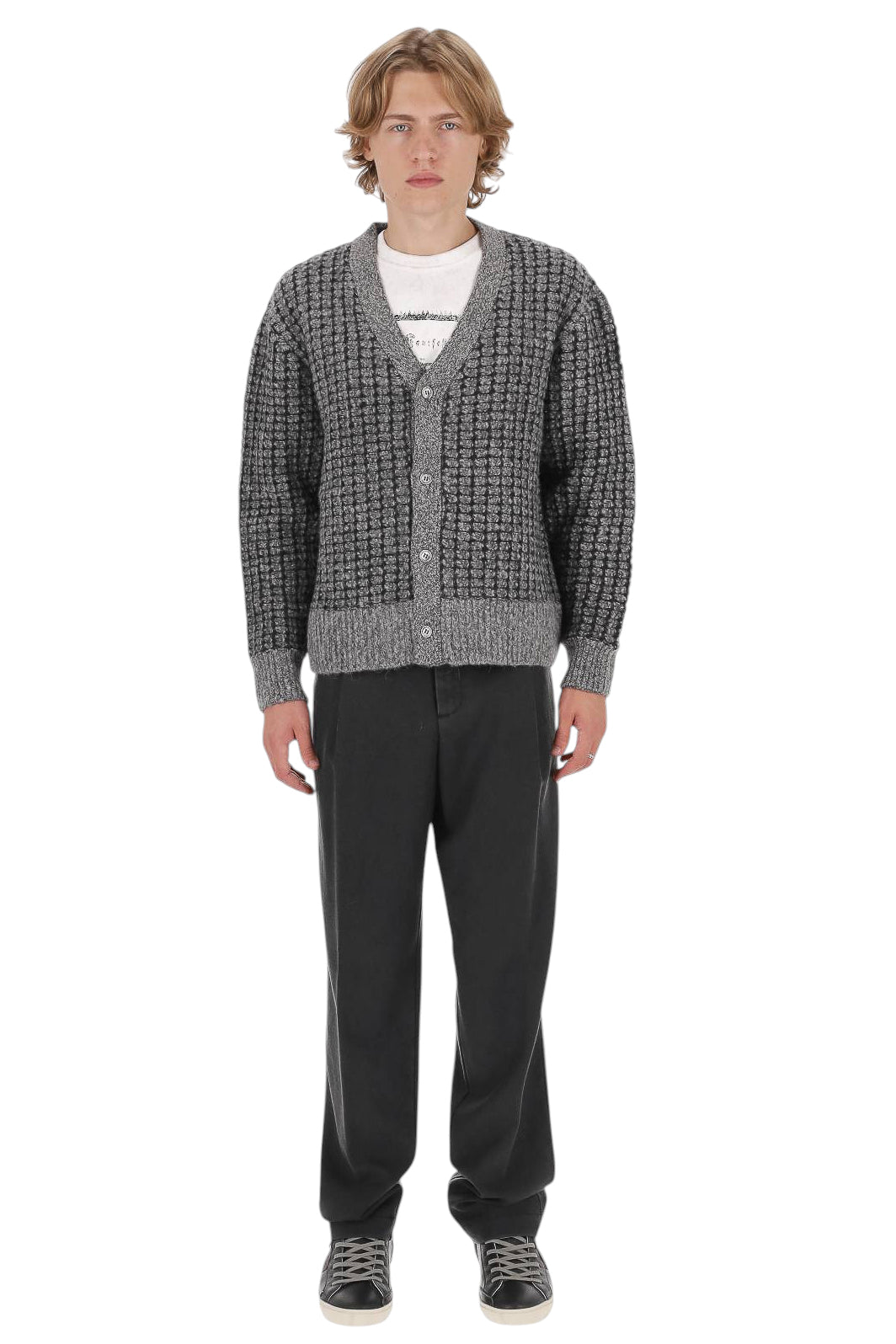 Officine Générale Cardigan Mike in lana-alpaca-lino MKNT323 MARL GREY/BLACK 