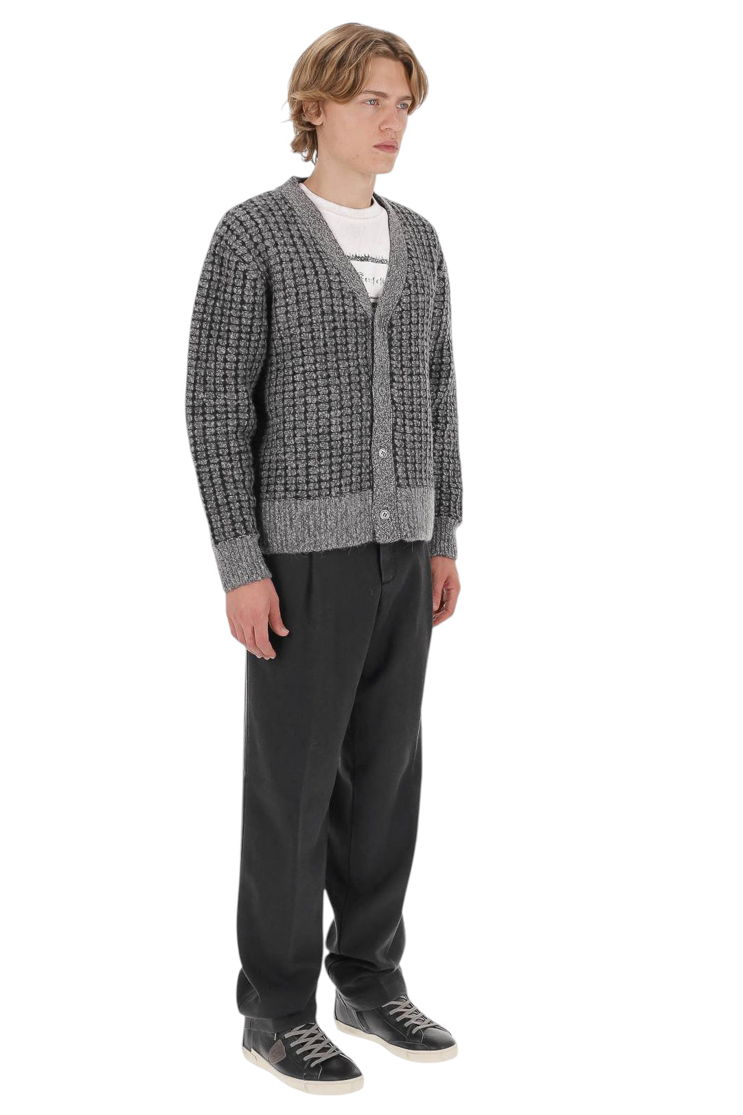 Officine Générale Cardigan Mike in lana-alpaca-lino MKNT323 MARL GREY/BLACK 