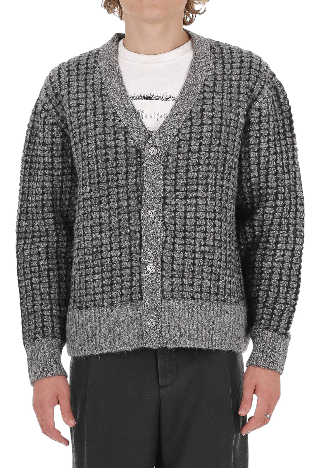 Officine Générale Cardigan Mike in lana-alpaca-lino MKNT323 MARL GREY/BLACK 