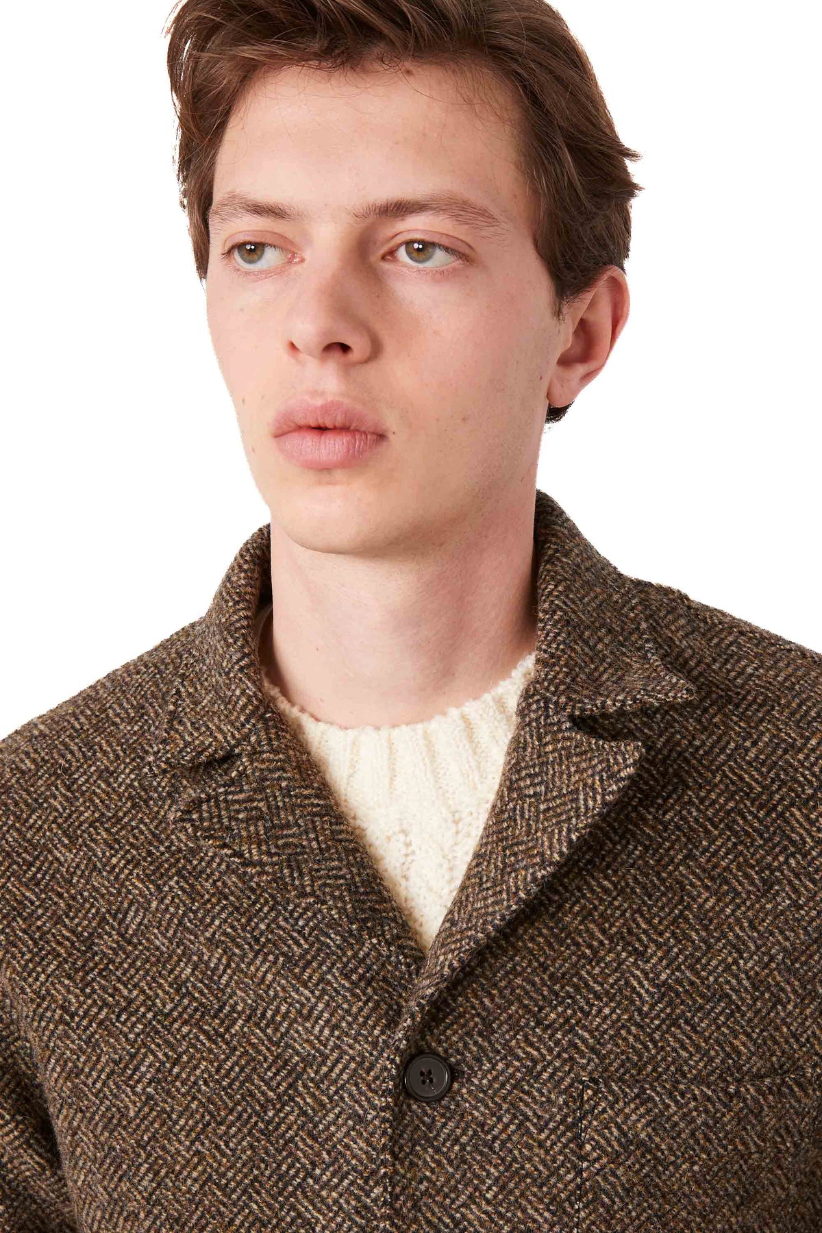 Officine Générale Overshirt Sheldon in pura lana Shetland a spina di pesce MOVS077 BEIGE/COFFE/DKNAVY 
