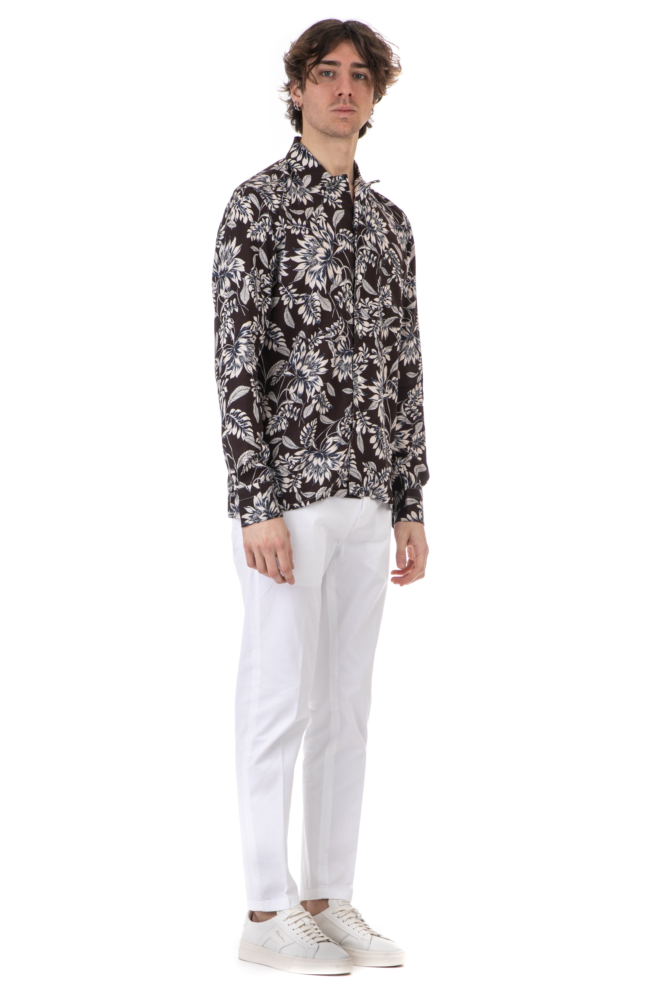 Floral viscose shirt with open collar