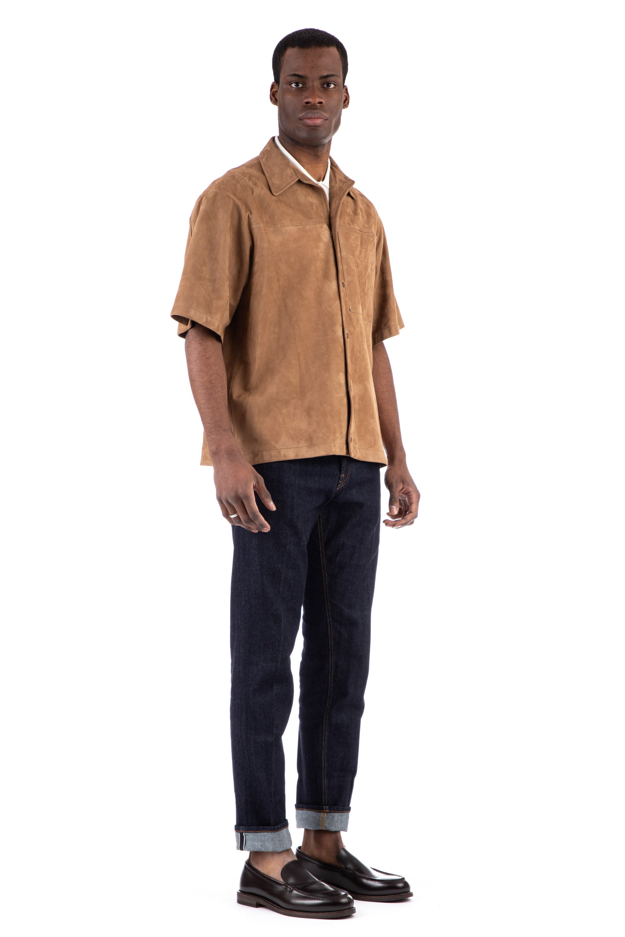 Over-fit suede half-sleeve overshirt