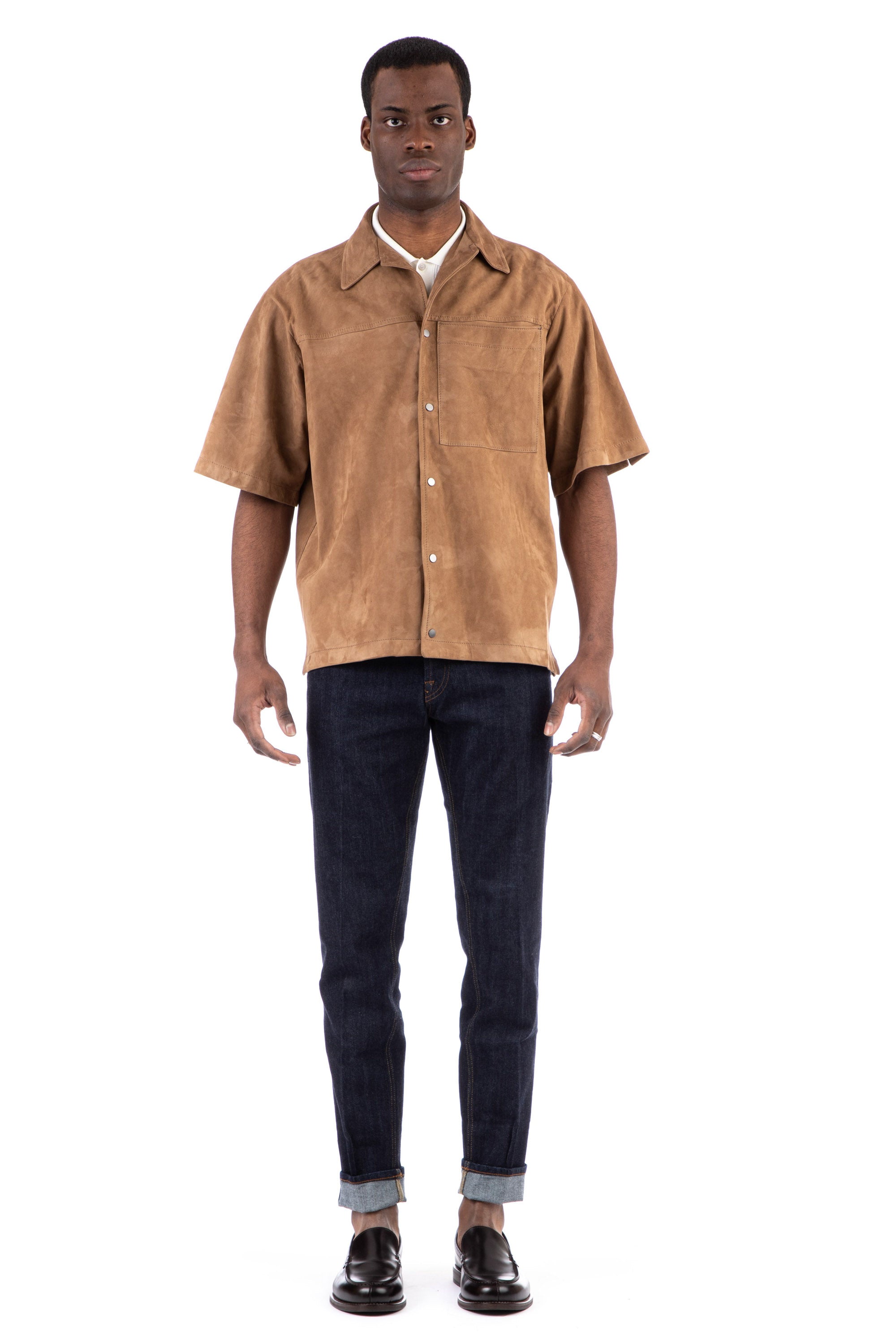 Over-fit suede half-sleeve overshirt