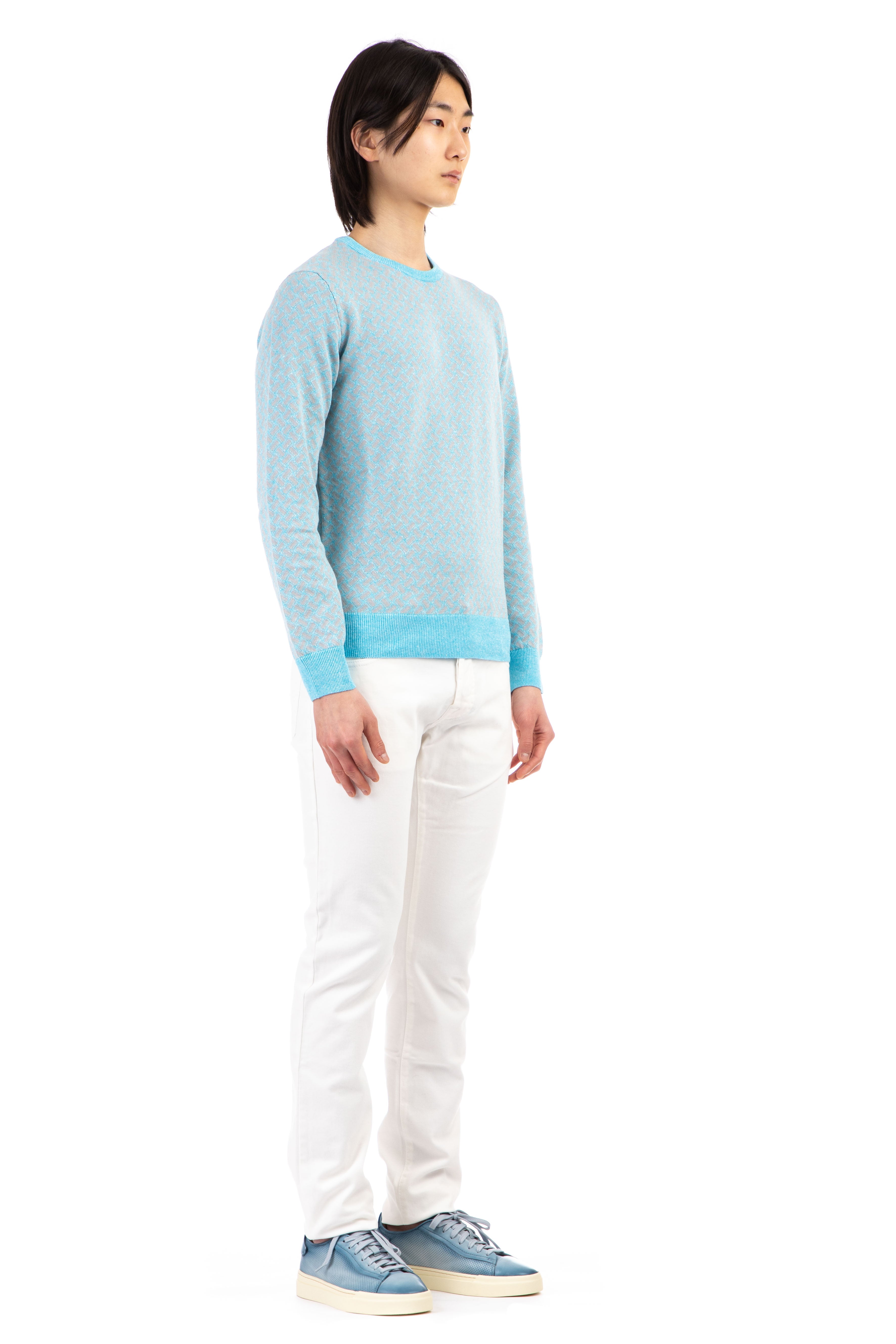 Crew-neck sweater in biscuit-patterned cotton-linen