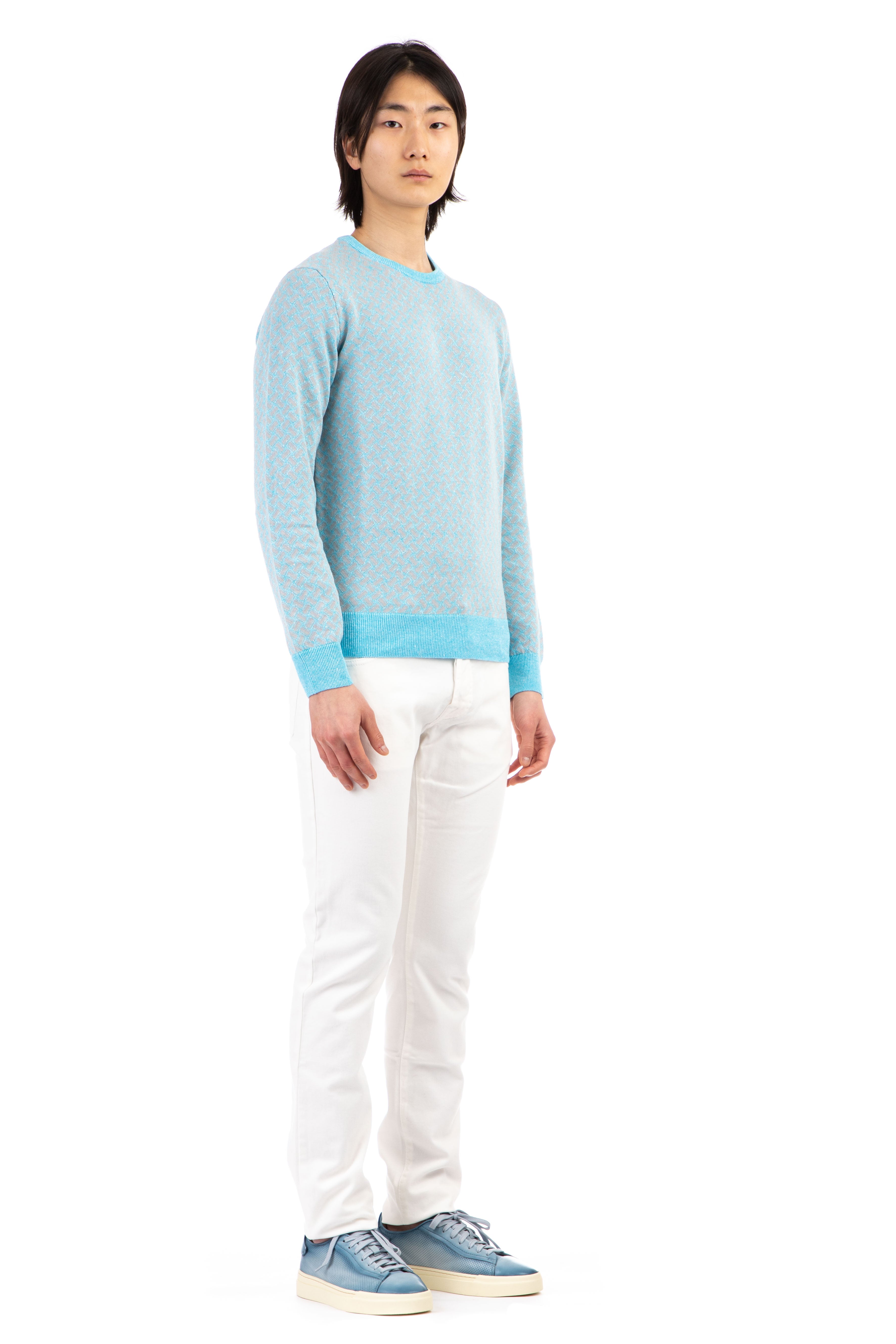 Crew-neck sweater in biscuit-patterned cotton-linen