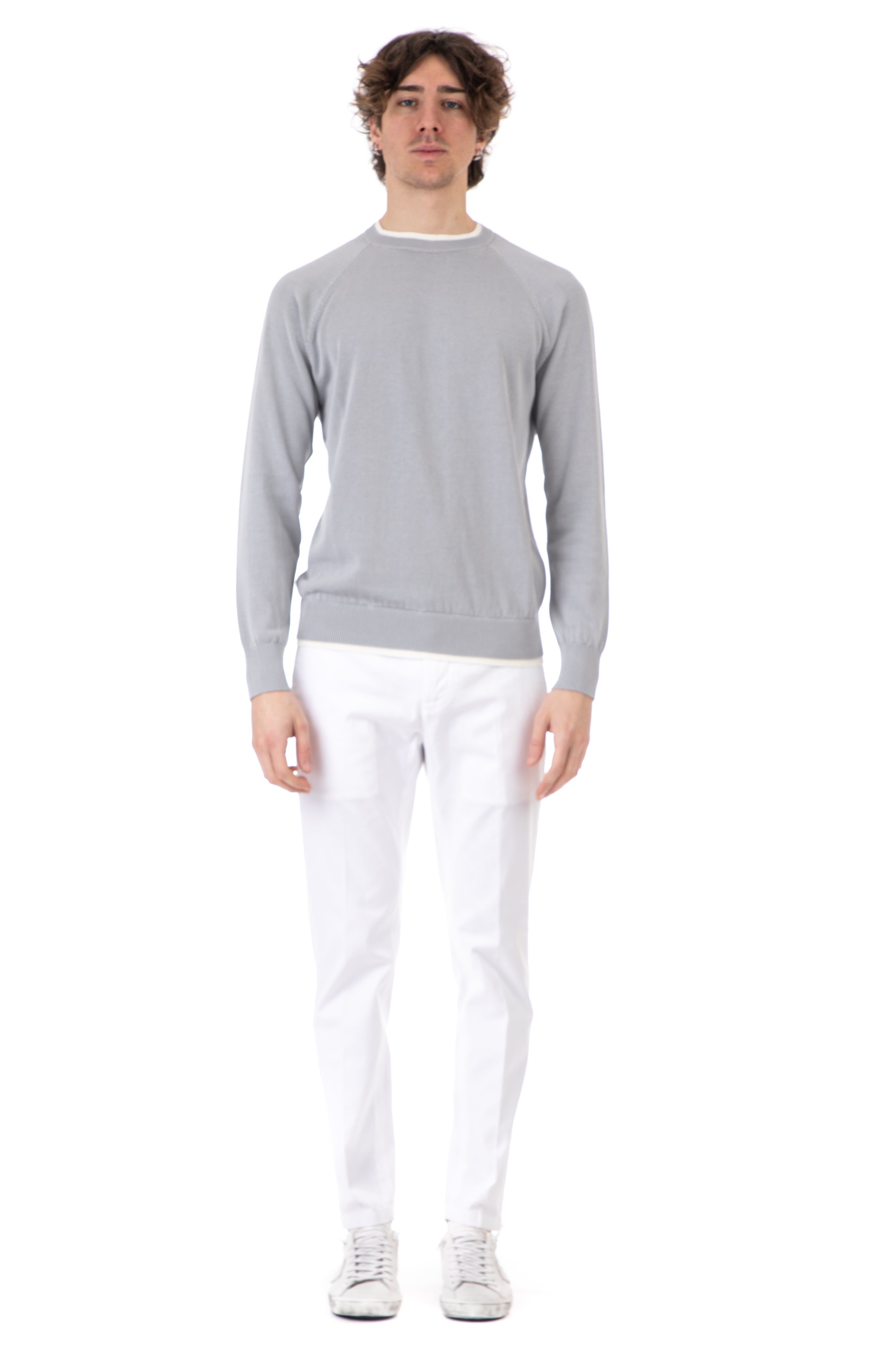 Crew-neck cotton sweater with double profiles