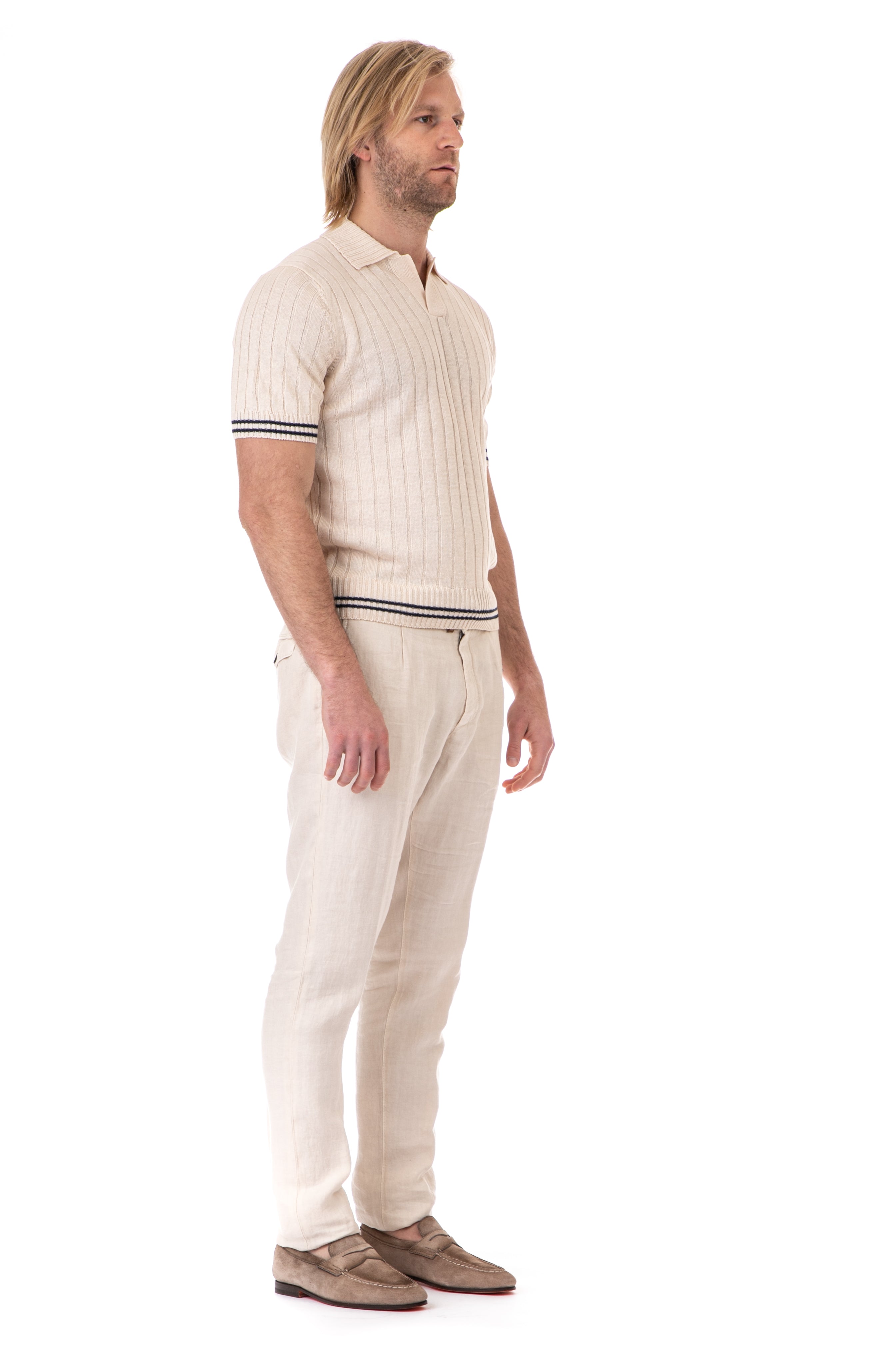 Open collar polo shirt in linen-cotton