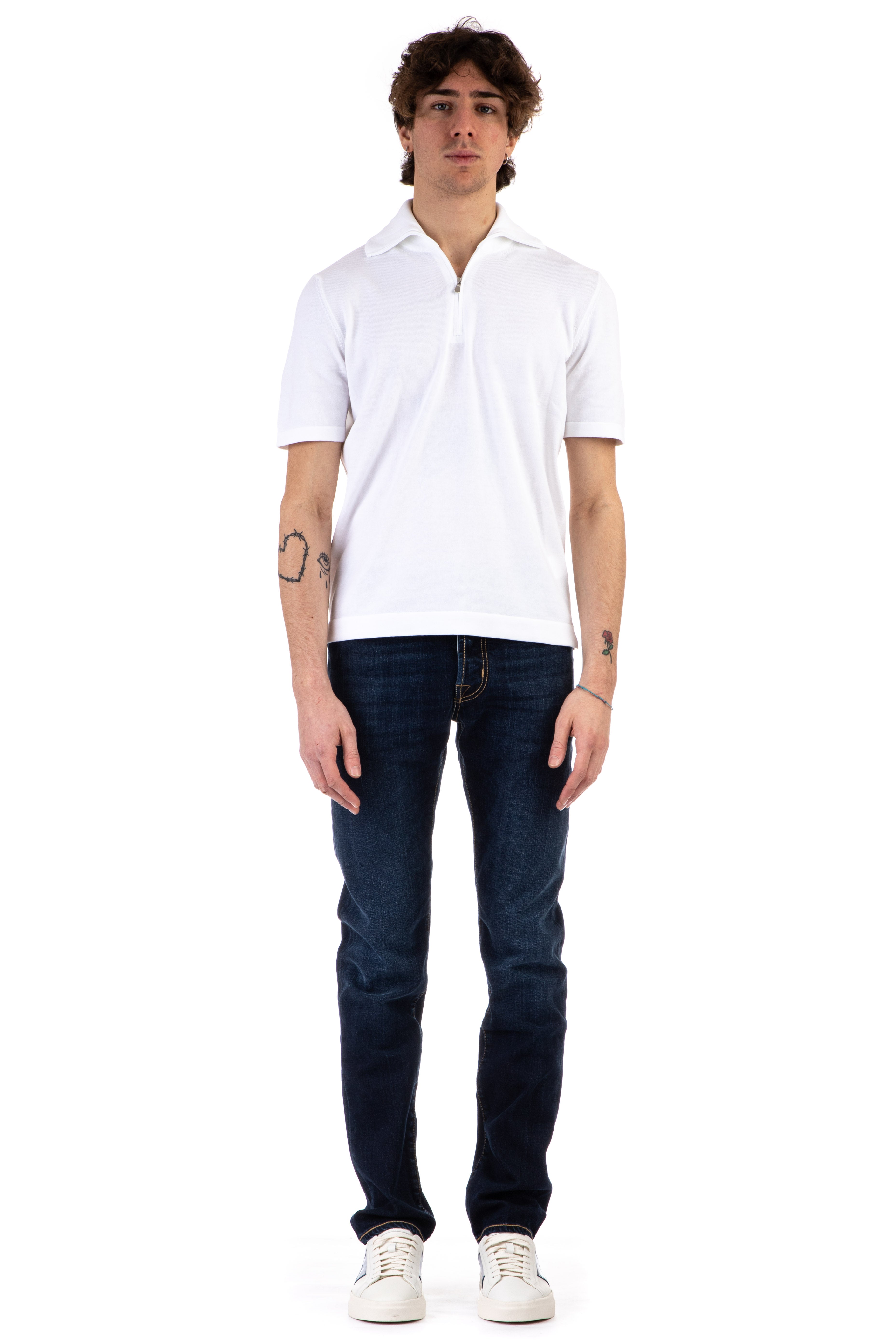 Cotton polo shirt with high collar