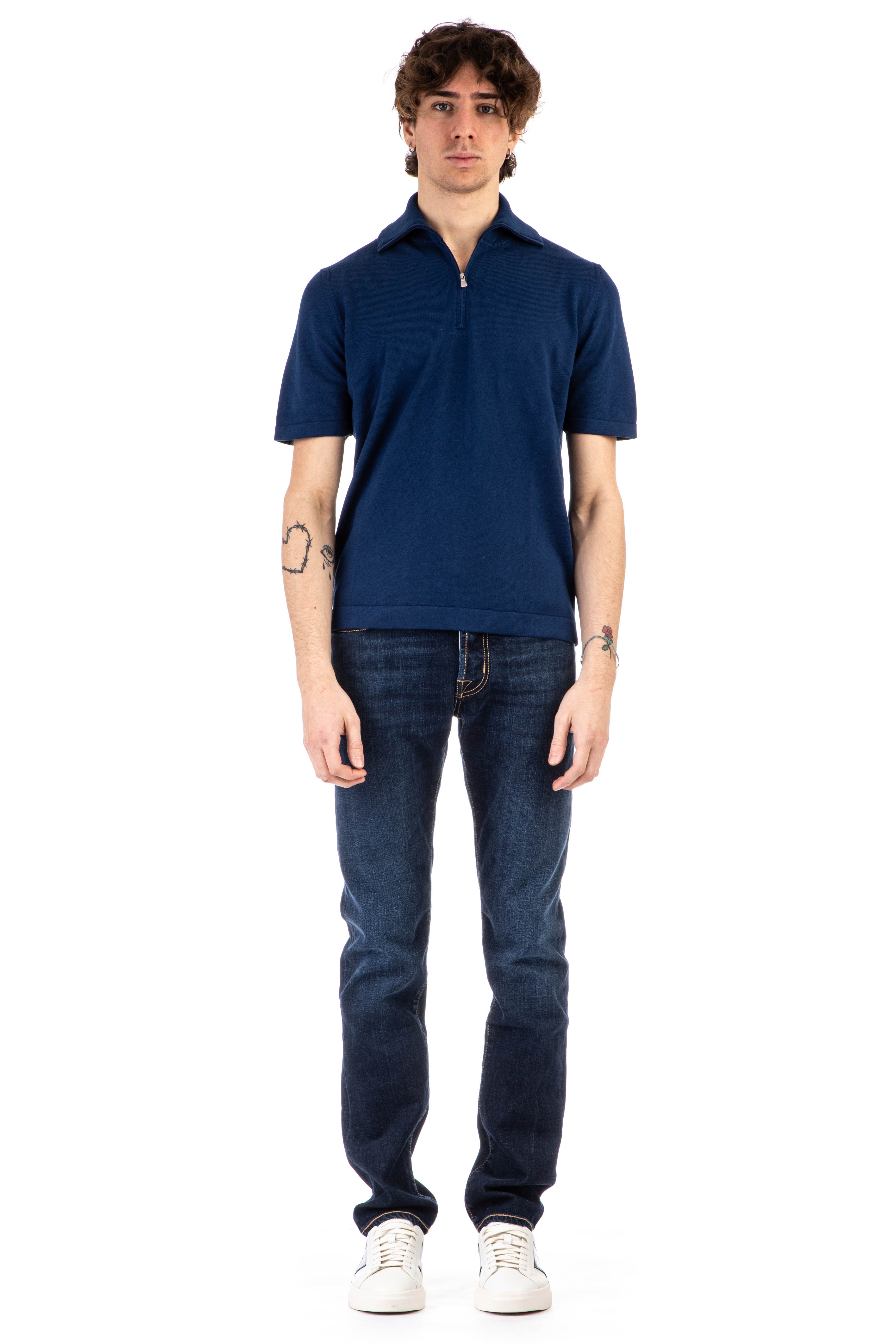 Cotton polo shirt with high collar