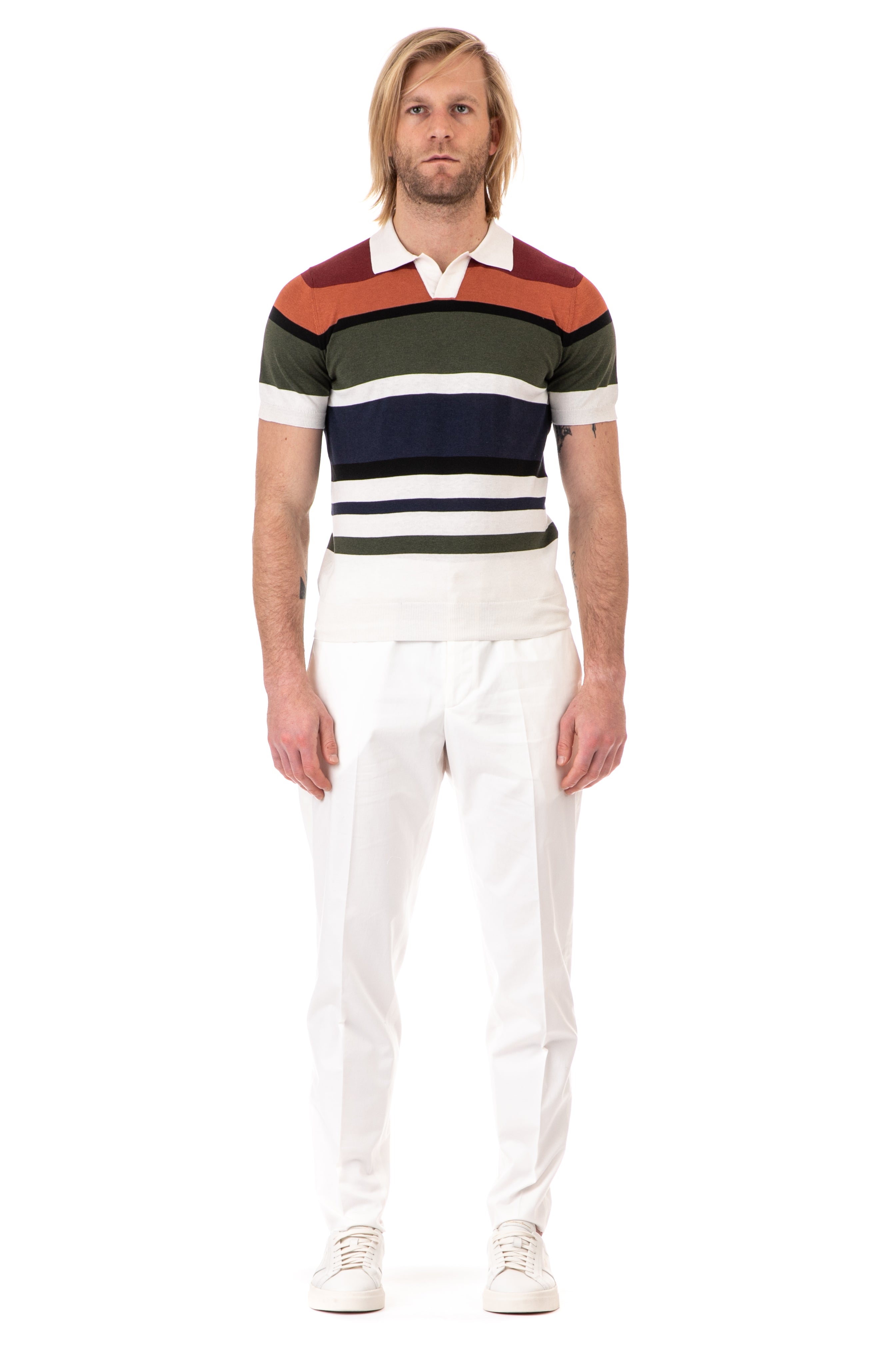 Multicolor striped cotton-silk polo shirt