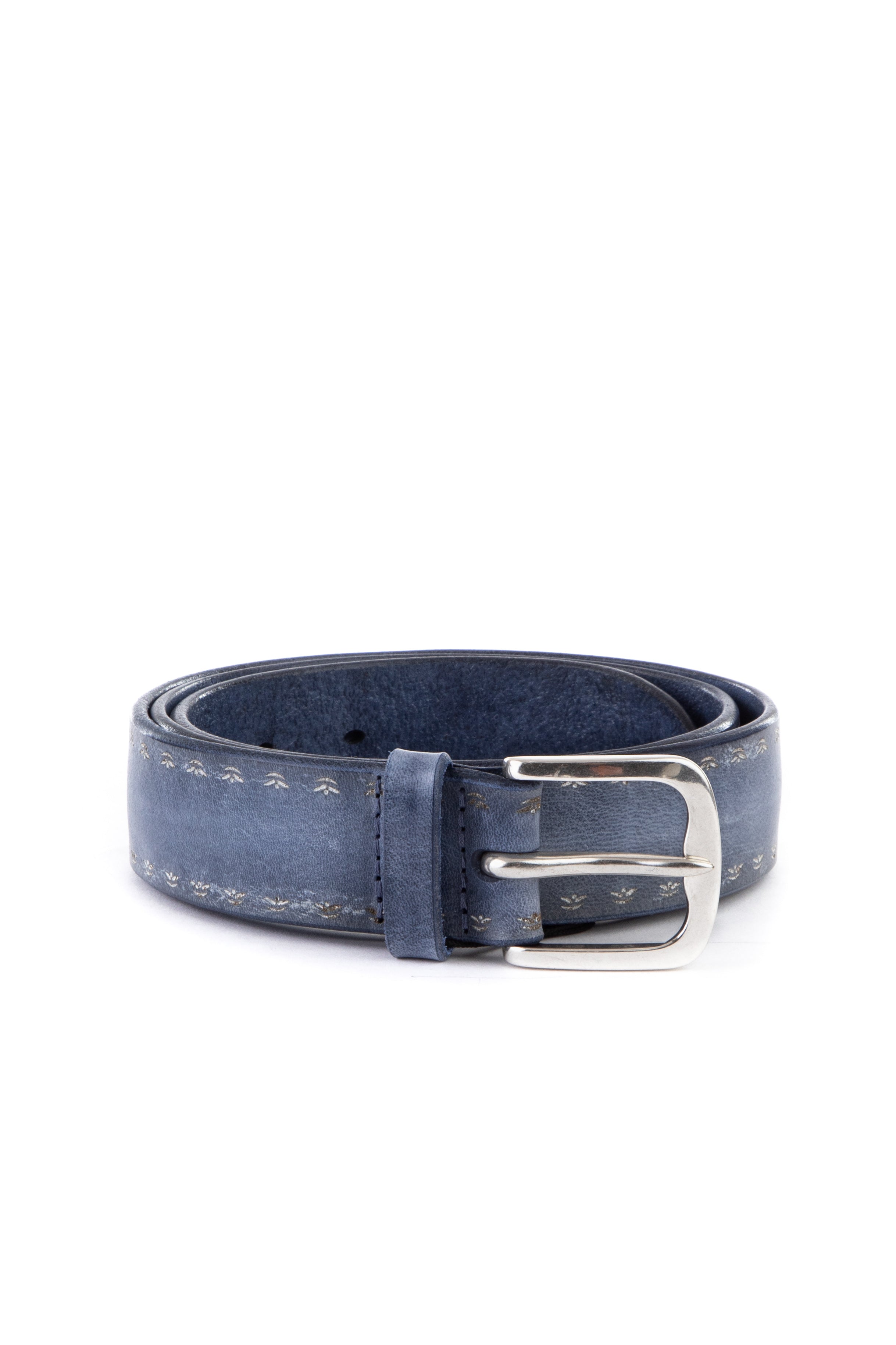 Faded leather belt with lasered embroidery