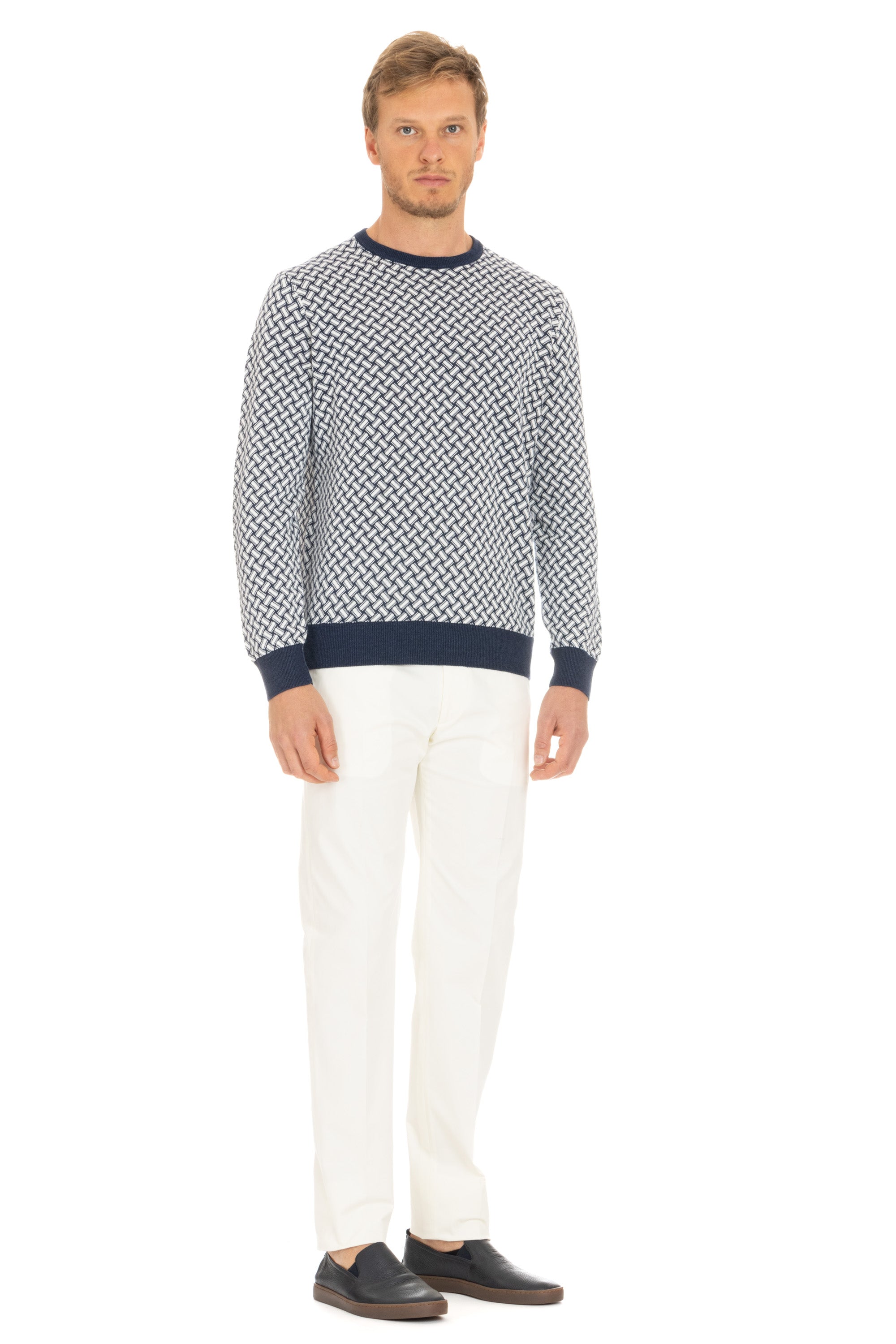 Crew-neck sweater in biscuit-patterned cotton-linen