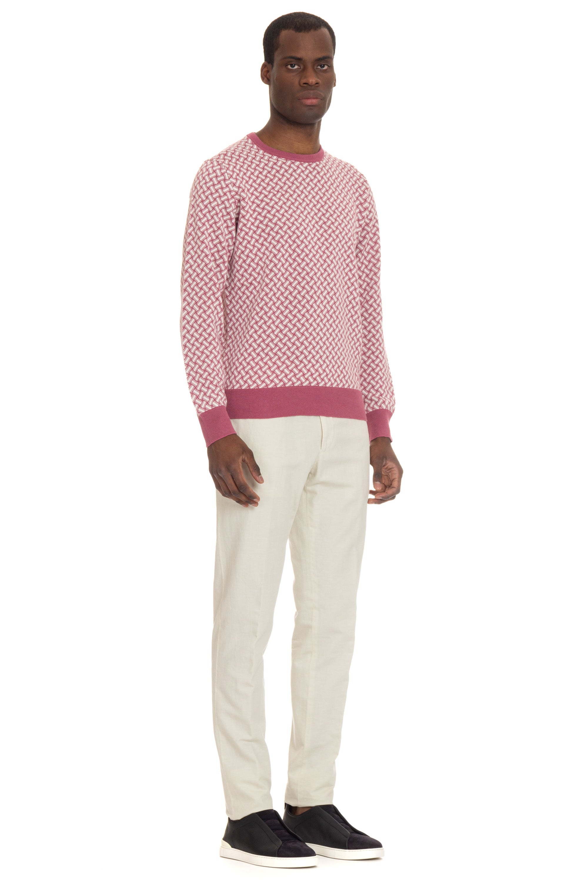 Crew-neck sweater in biscuit-patterned cotton-linen