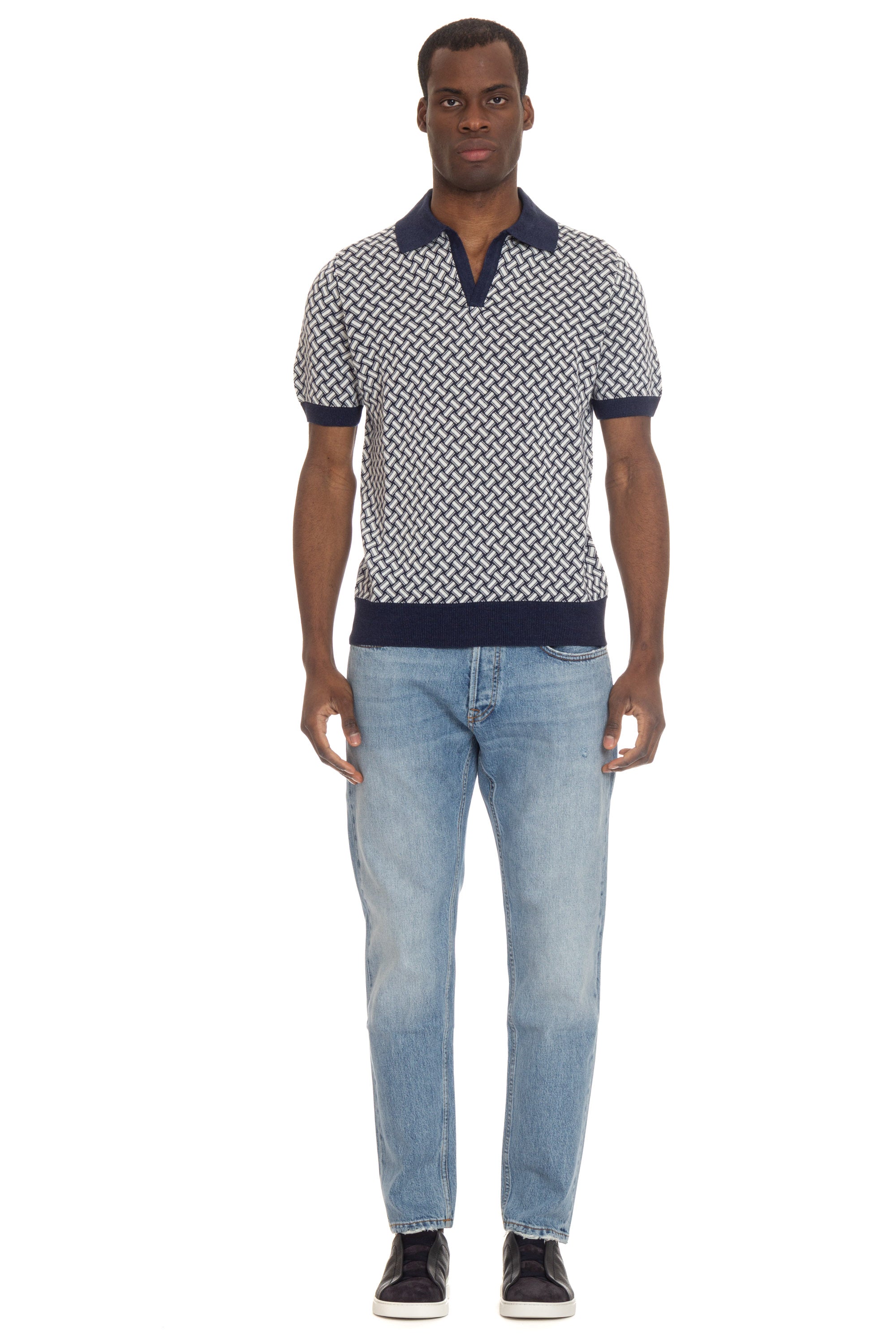 Biscuit pattern cotton-linen polo shirt