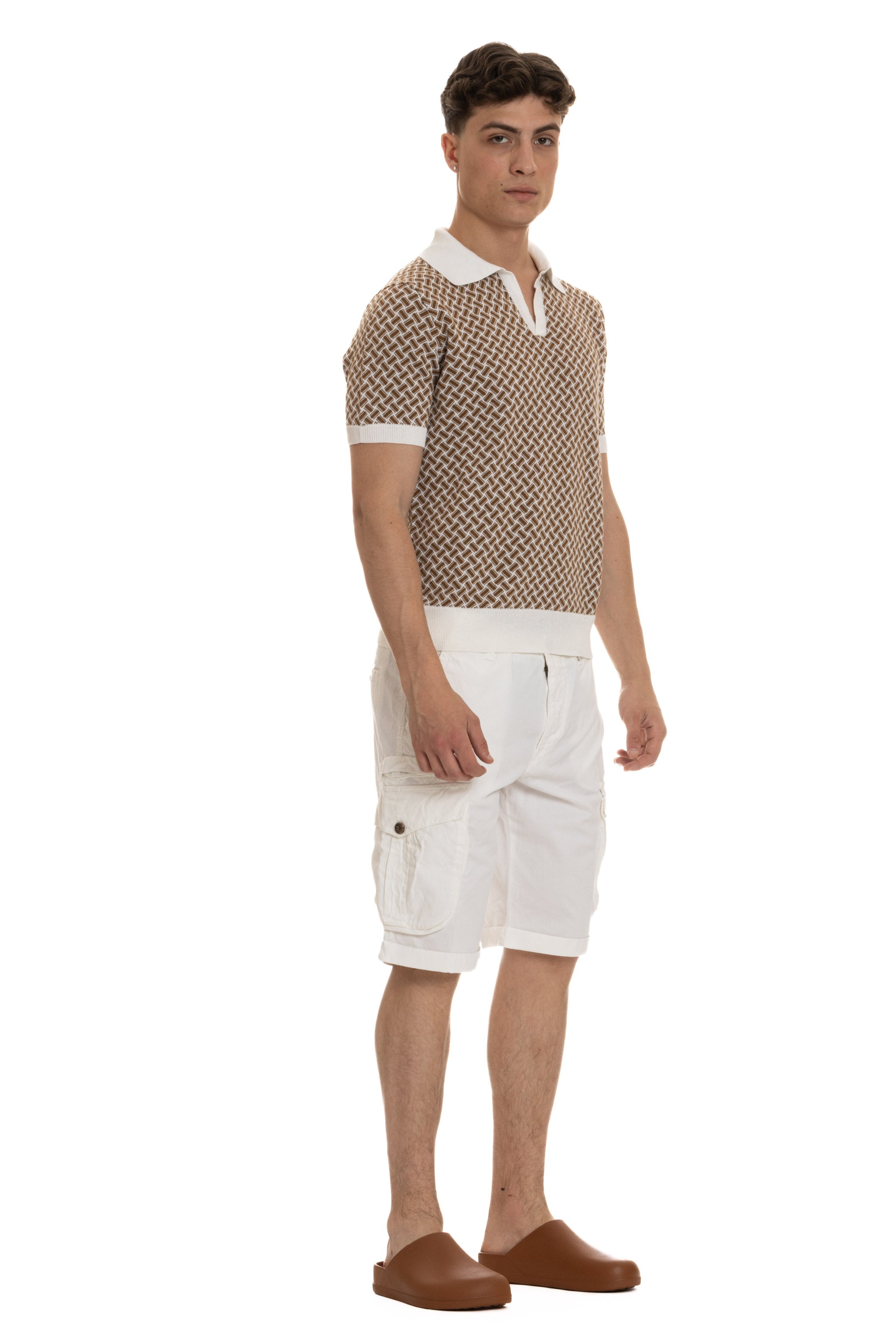 Biscuit pattern cotton-linen polo shirt