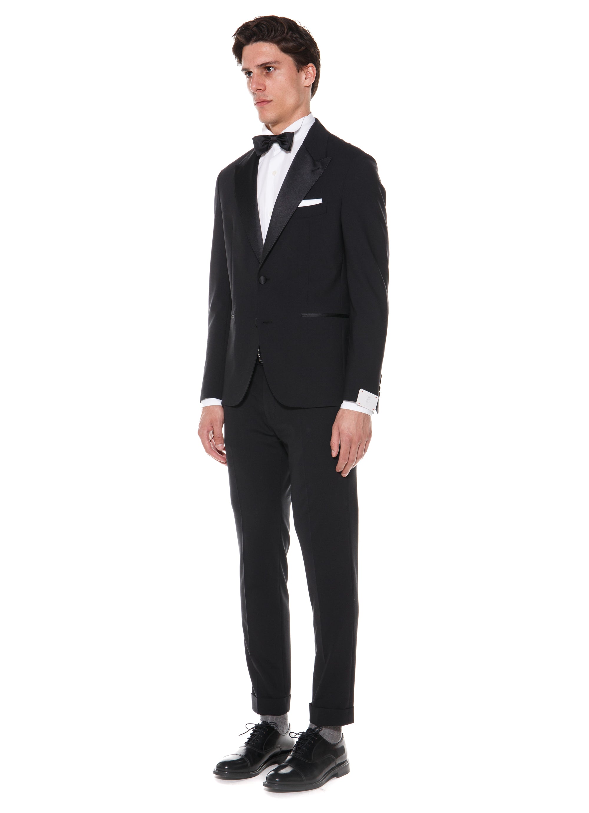 Single-breasted tailored tuxedo suit in comfort wool
