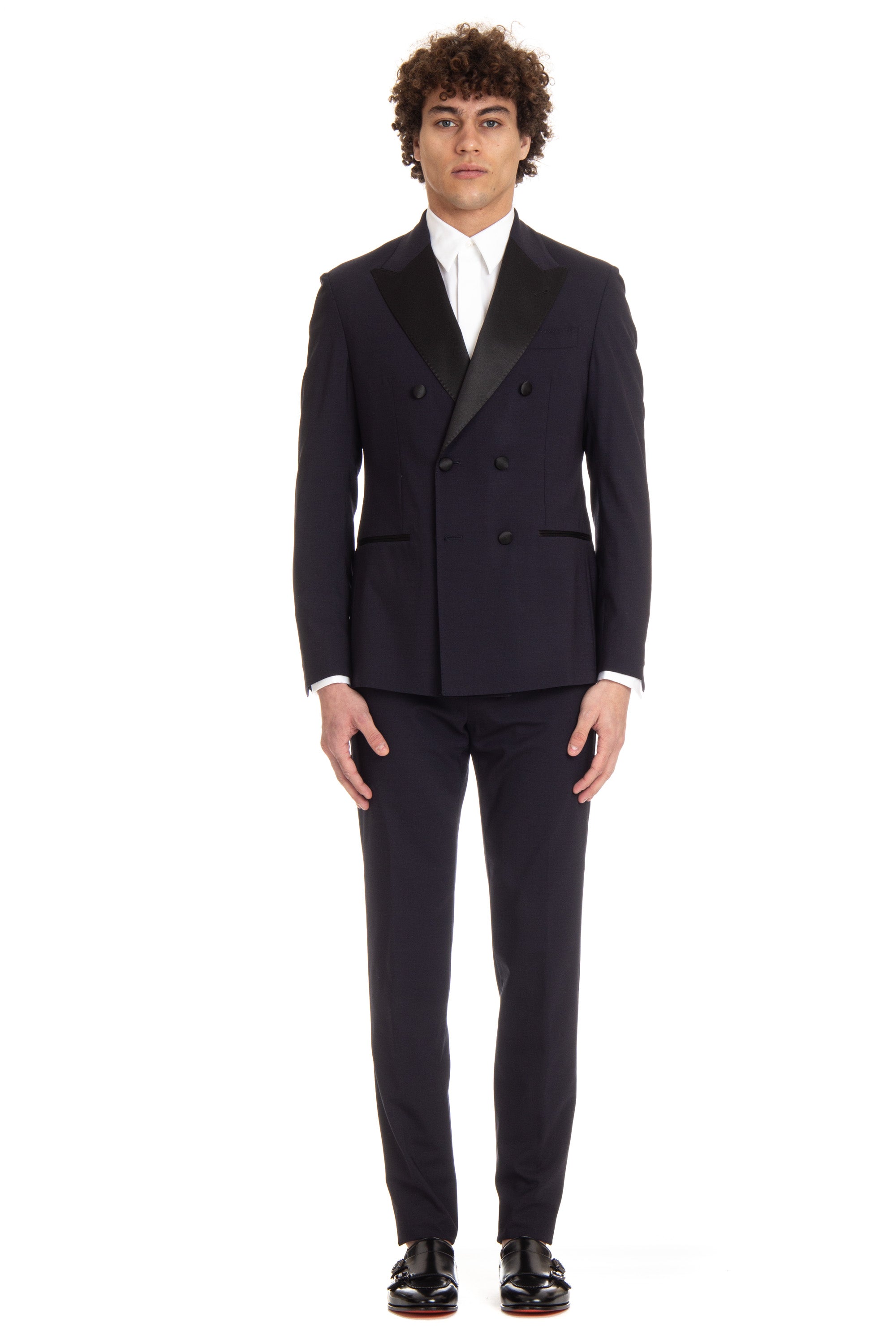 Double-breasted tailored tuxedo suit in comfort wool