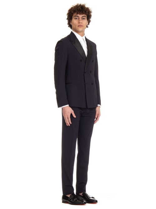 Double-breasted tailored tuxedo suit in comfort wool