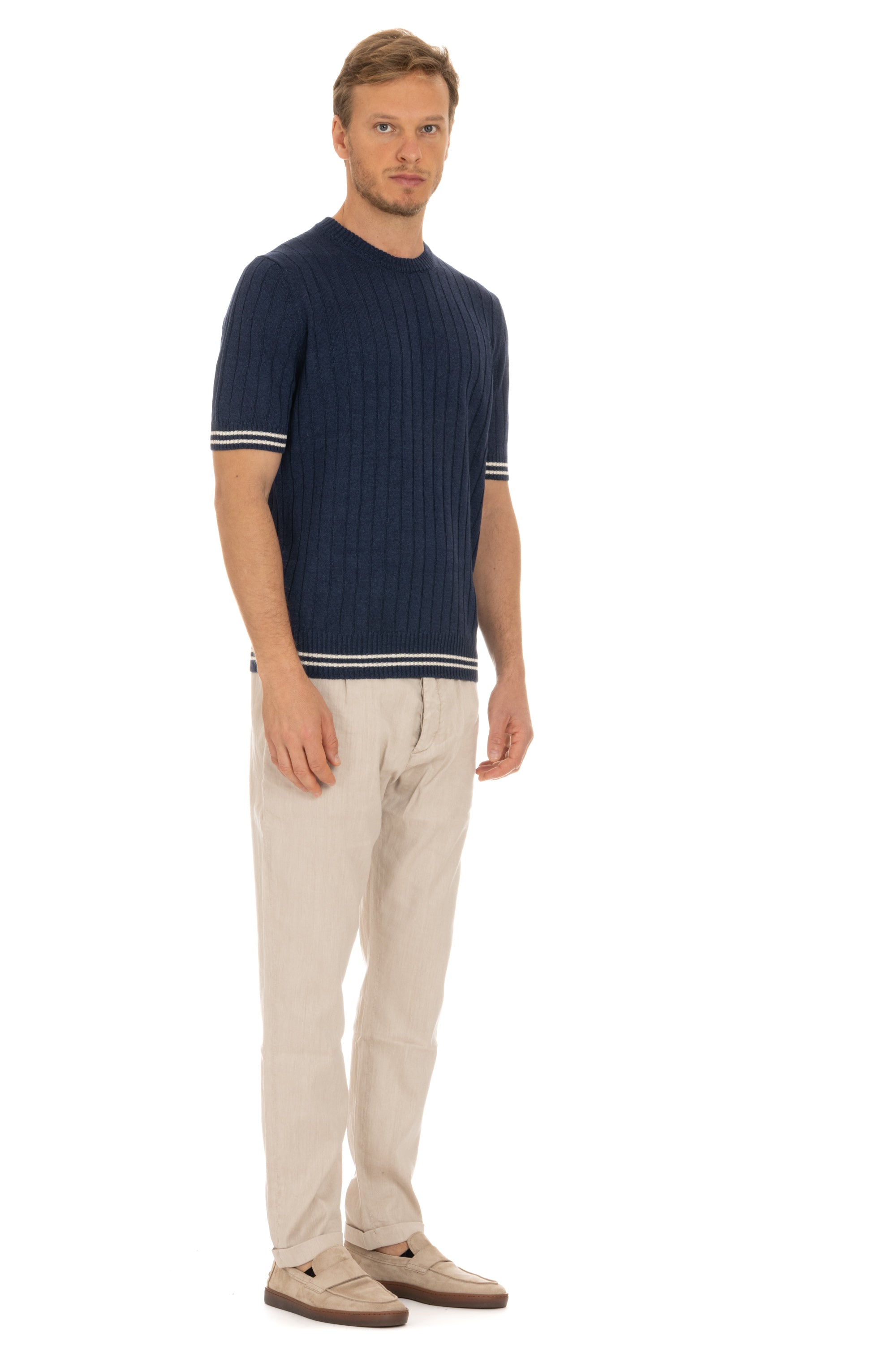 Ribbed melange linen-cotton T-shirt