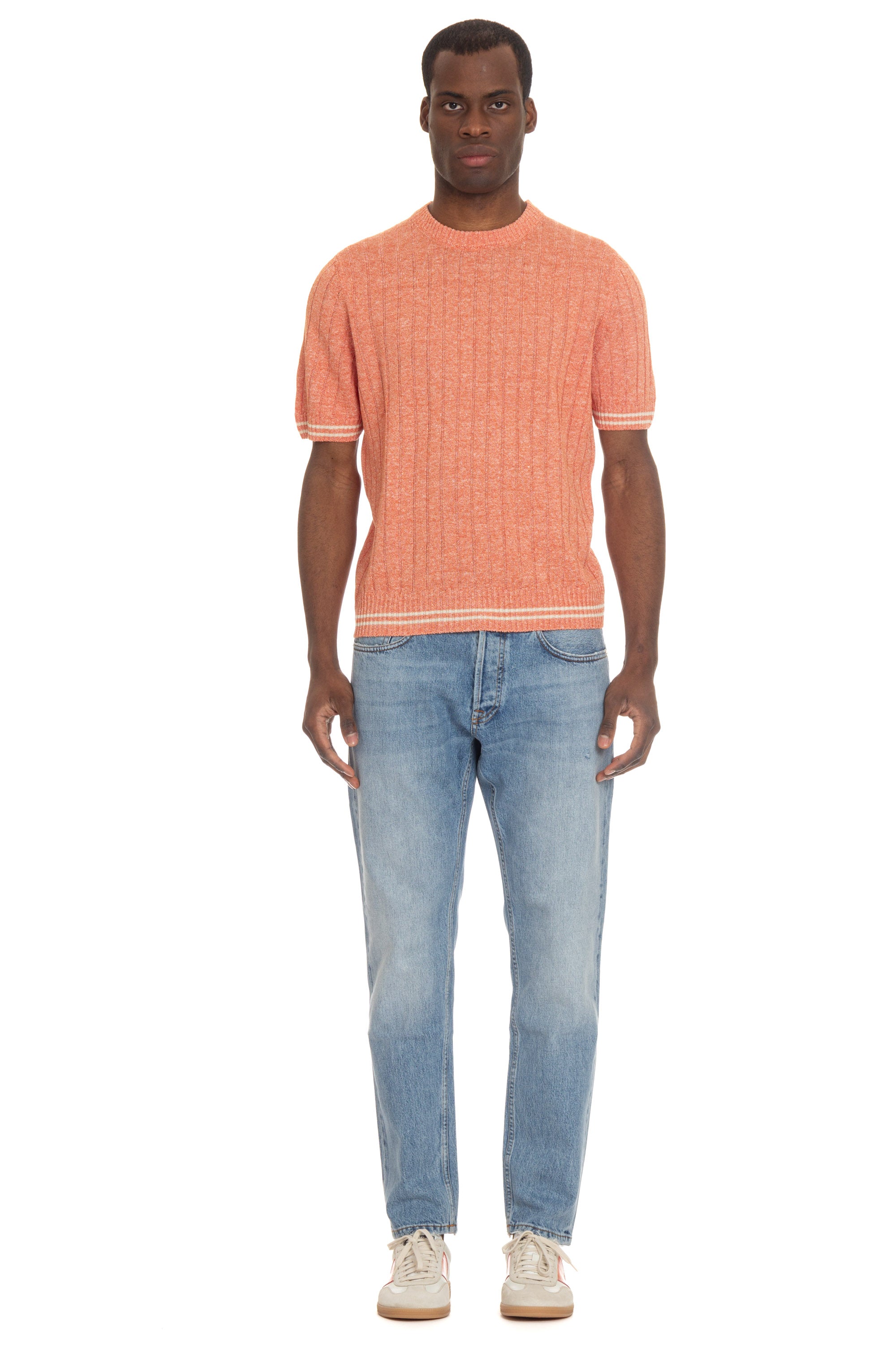 Ribbed melange linen-cotton T-shirt