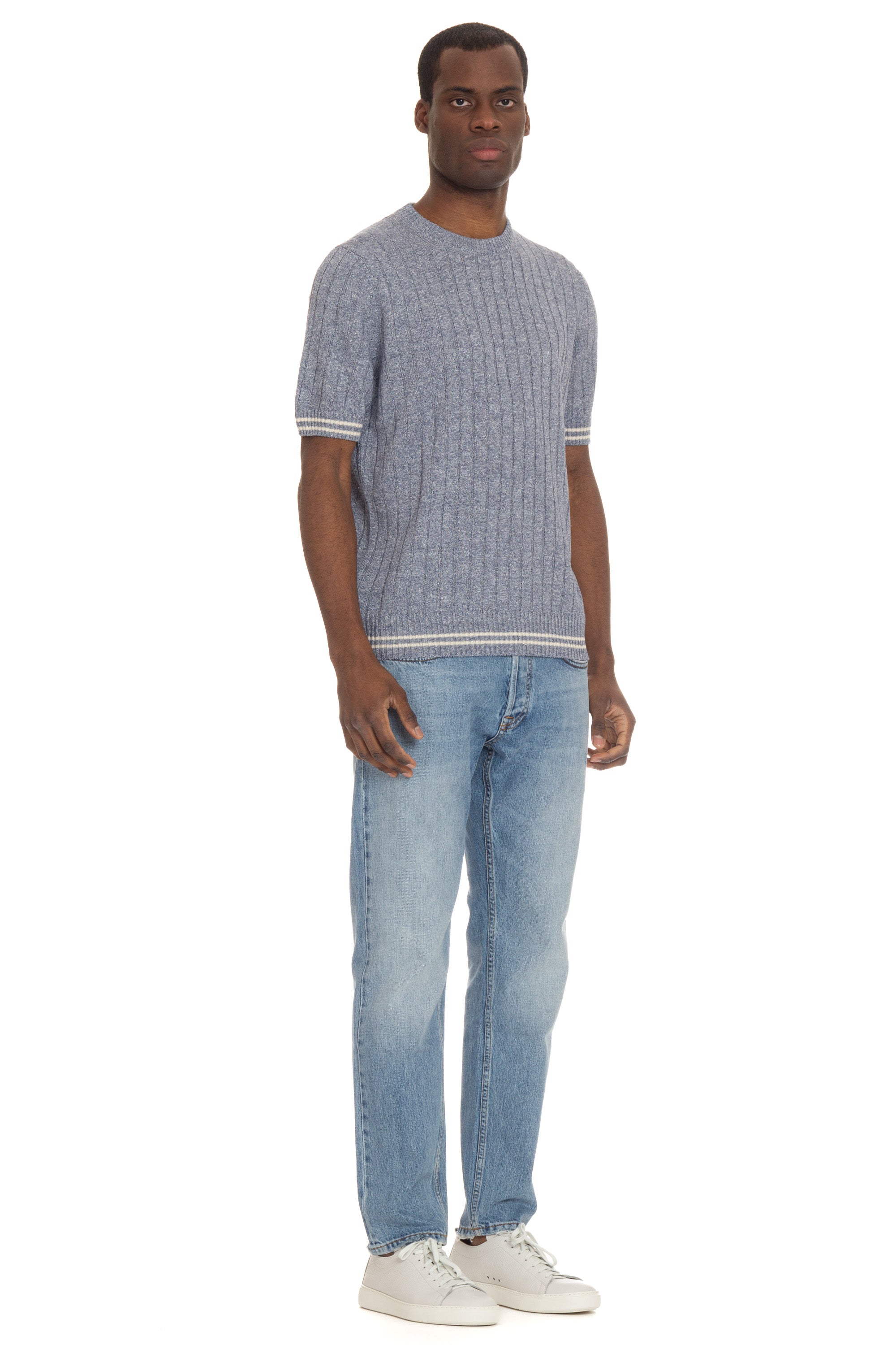 Ribbed melange linen-cotton T-shirt