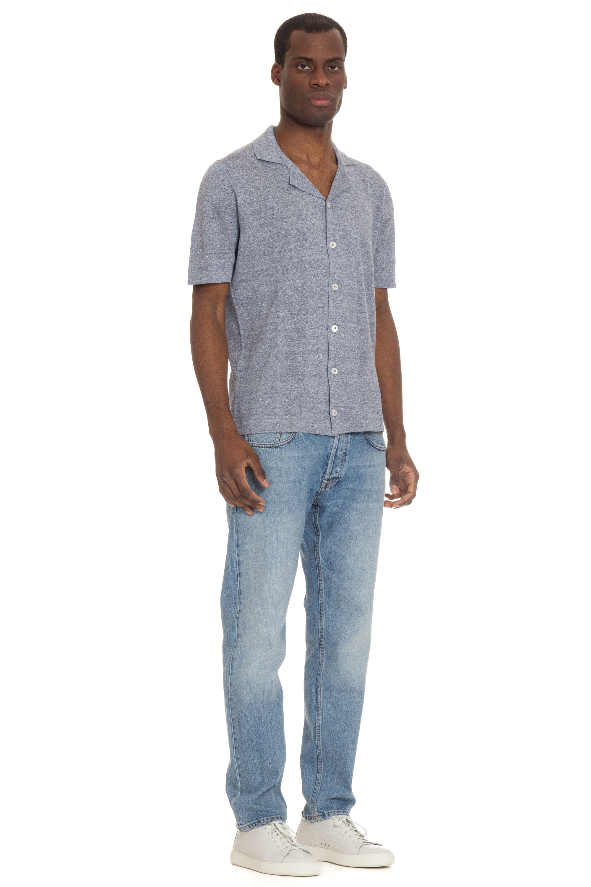 Half-sleeved knitted shirt in linen-cotton