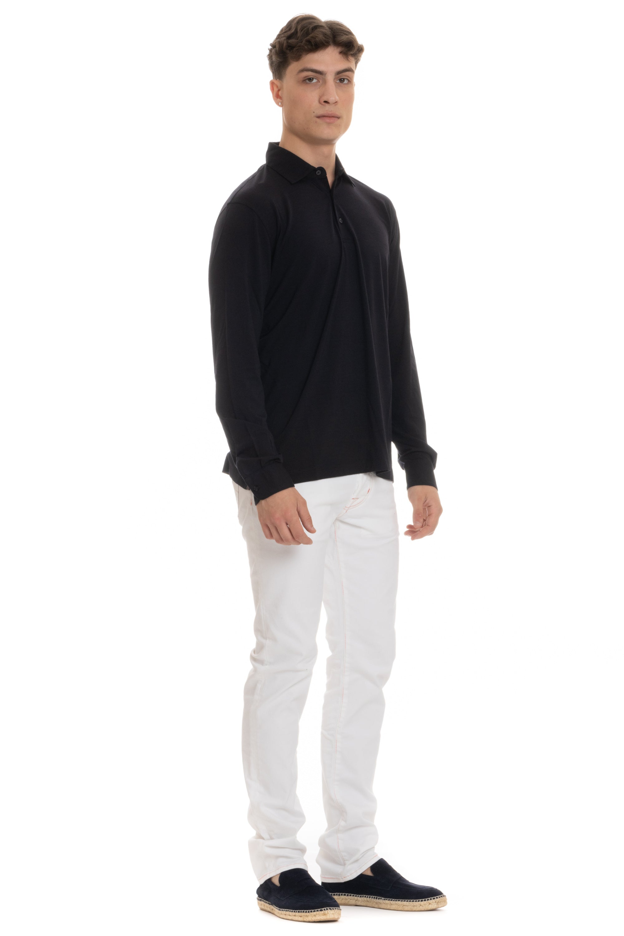 Long-sleeved polo shirt in superlight wool