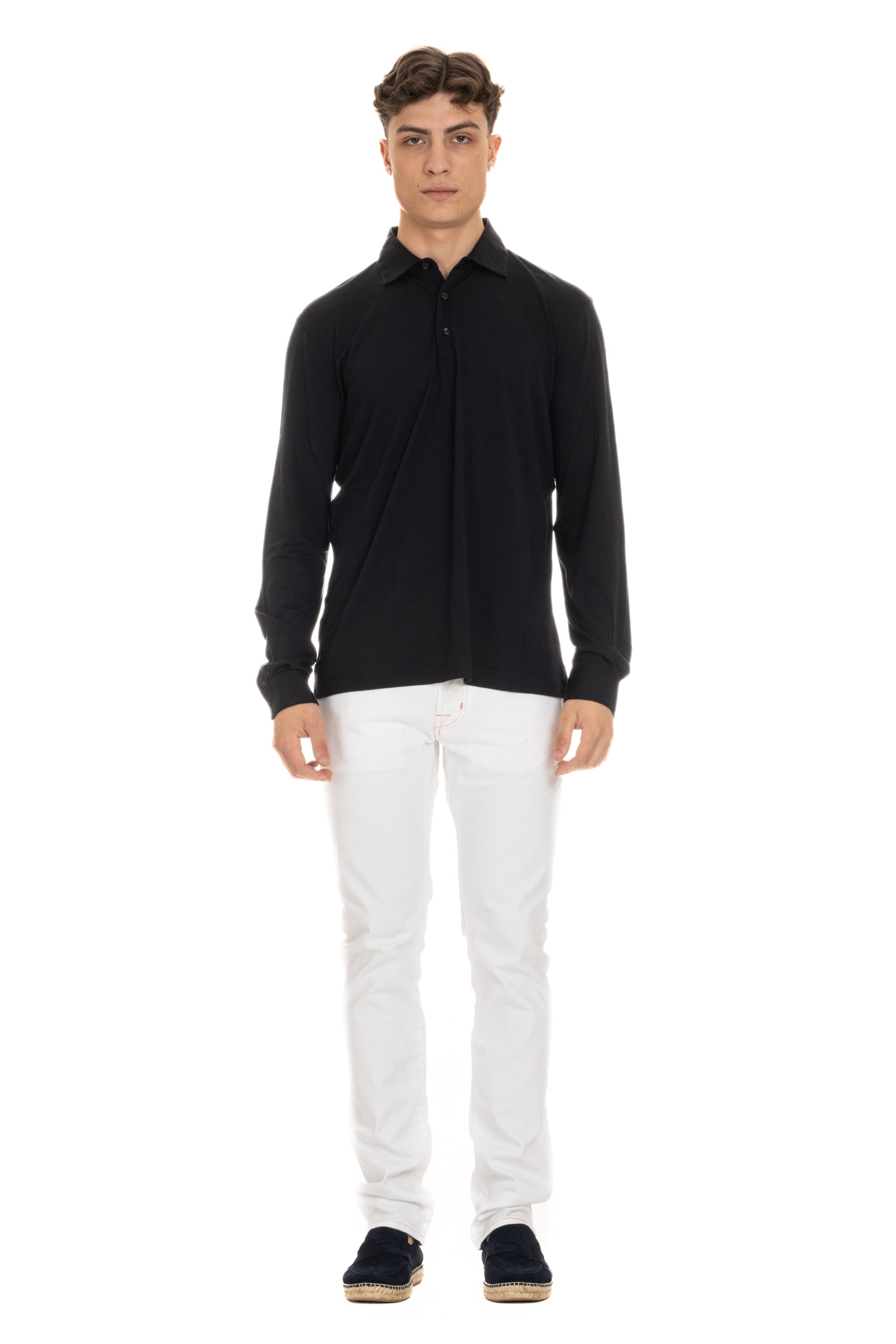 Long-sleeved polo shirt in superlight wool