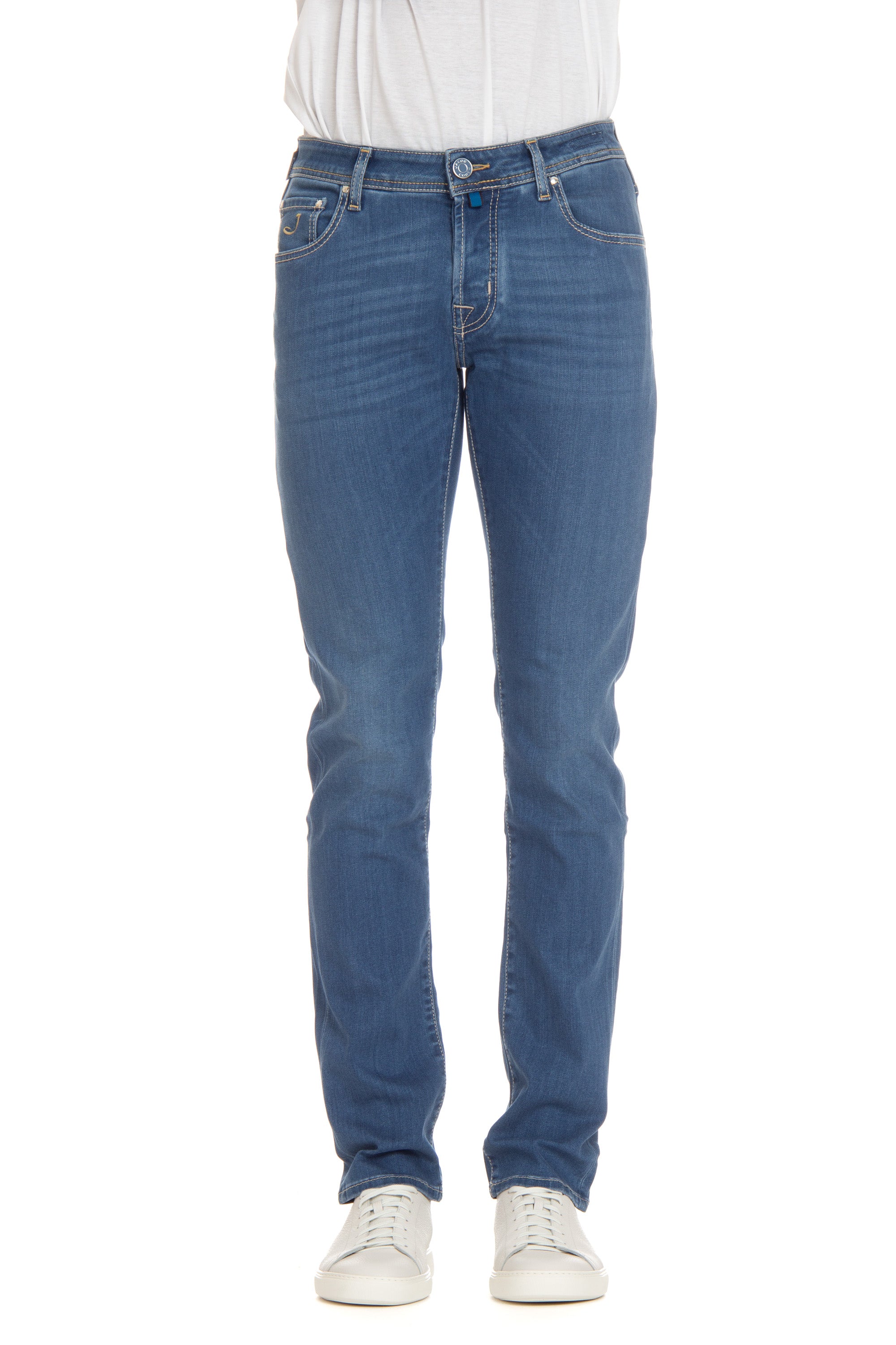 Jeans aus Baumwoll-Viskose mit hellblauem Label und Nick Slim-Fit-Ponyhaar