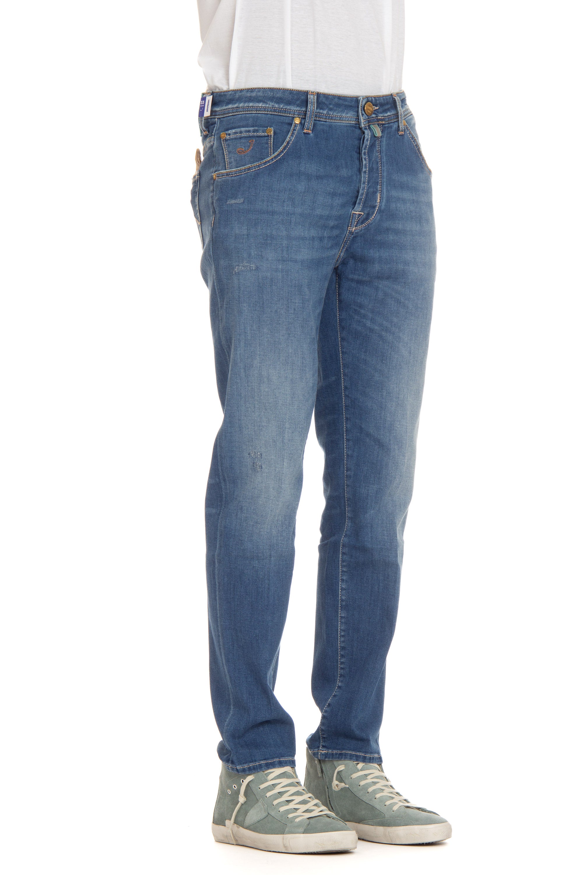 Scott fit stretch jeans with light blue pony skin label