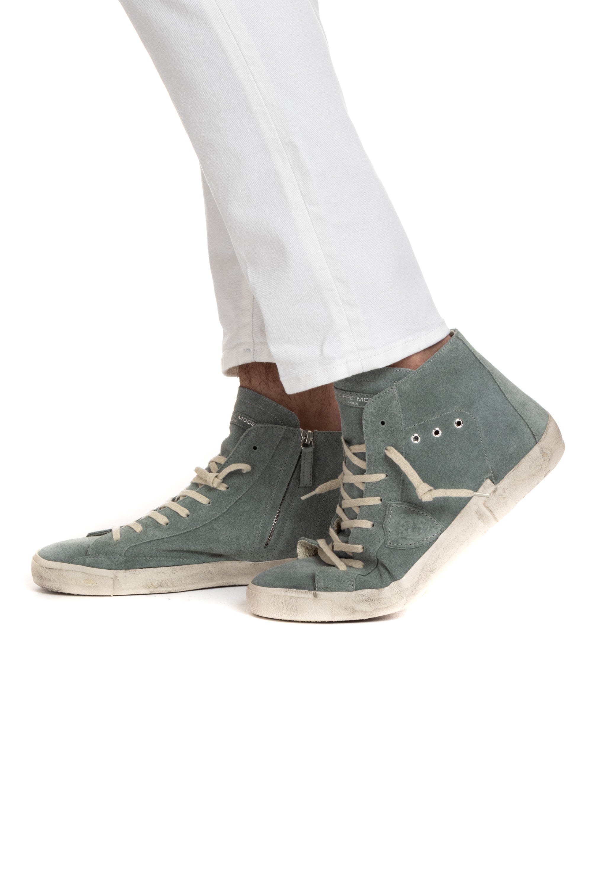 High-Top-Sneaker aus Leder mit blauer Fersenlasche Mod. Paris