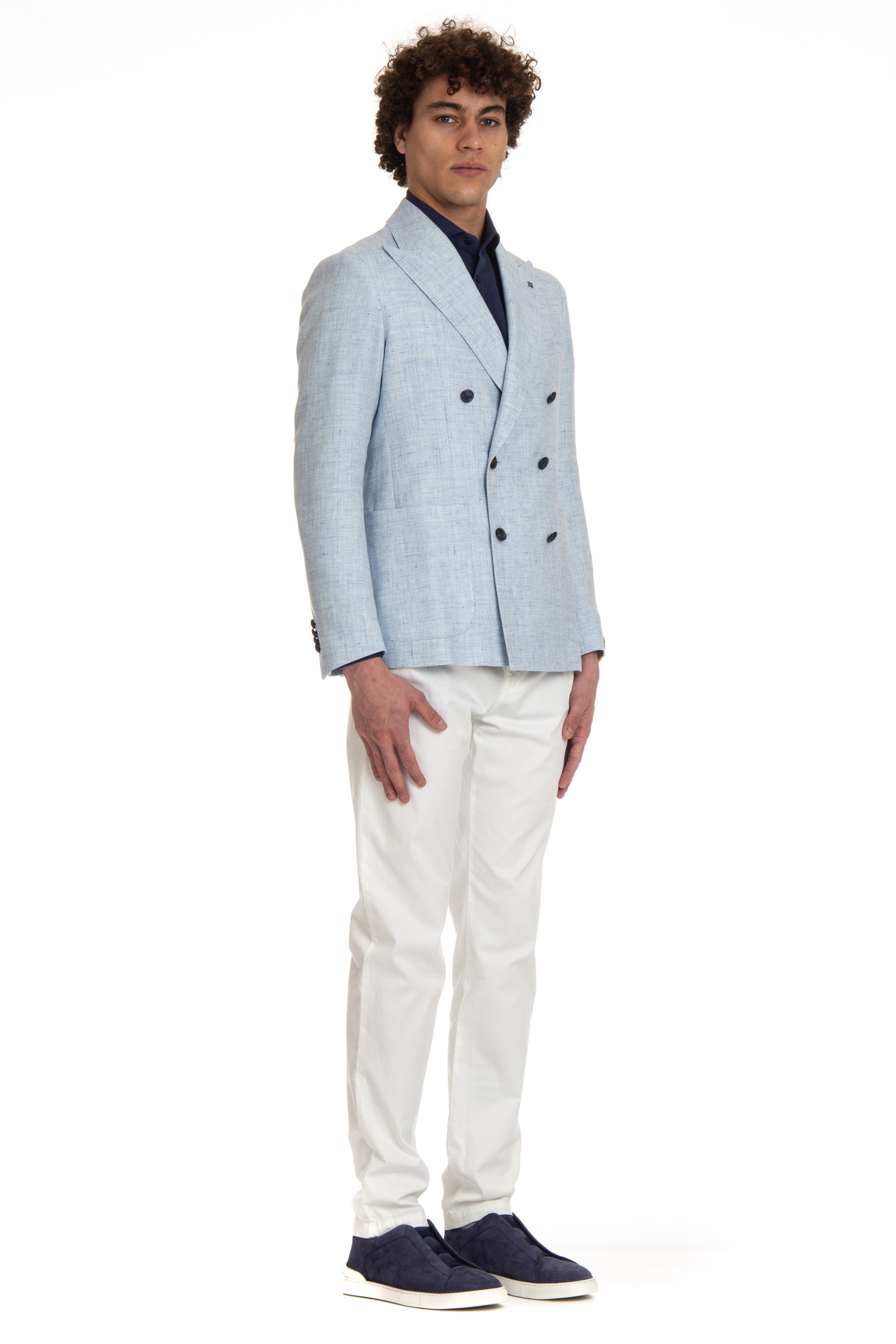 Double-breasted linen-cotton textured jacket from the Montecarlo line