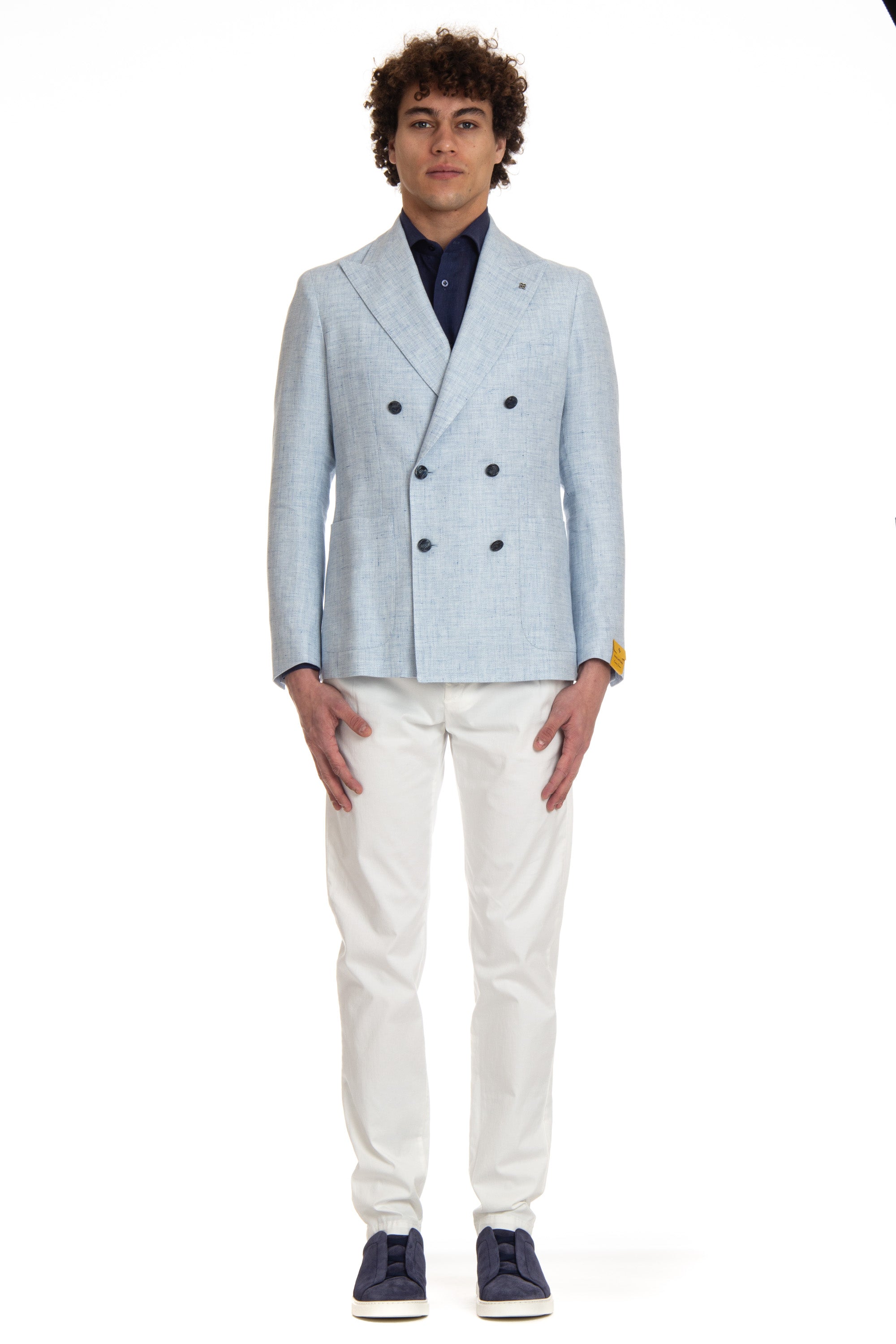 Double-breasted linen-cotton textured jacket from the Montecarlo line