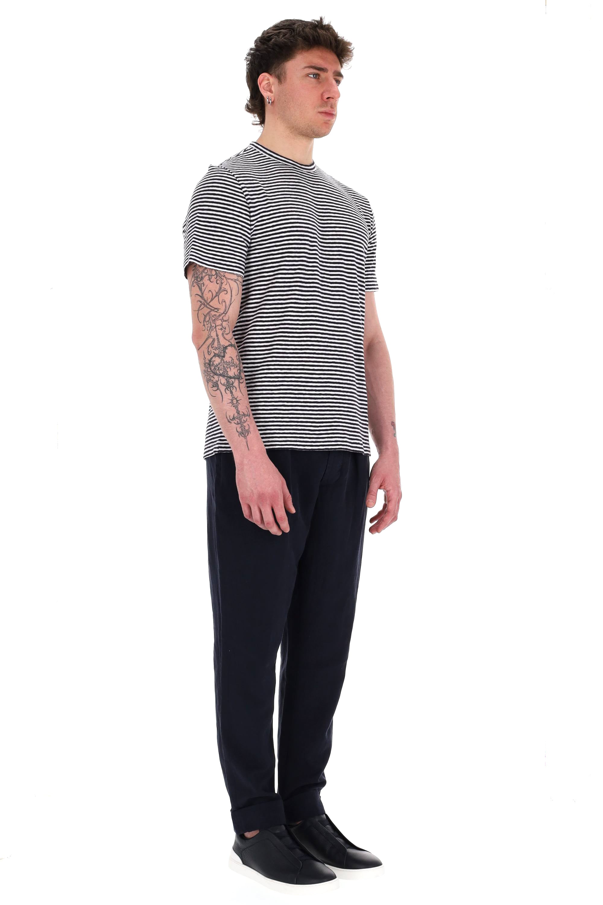 Officine Générale T-shirt a righe orizzontali in cotone-lino MTEE226 NAVY/WHITE 