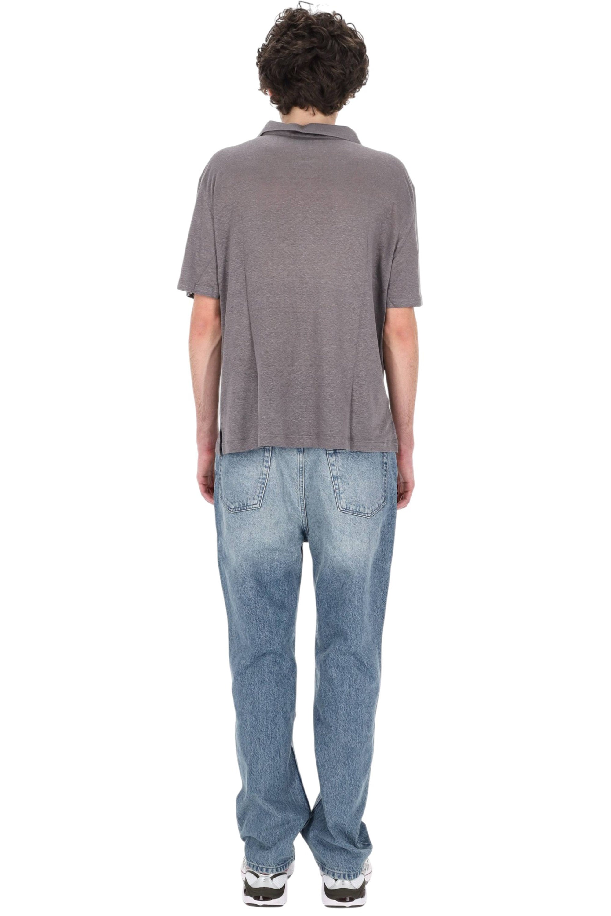 Officine Générale Polo in lino open collar MTEE214 SMOKED PEARL 