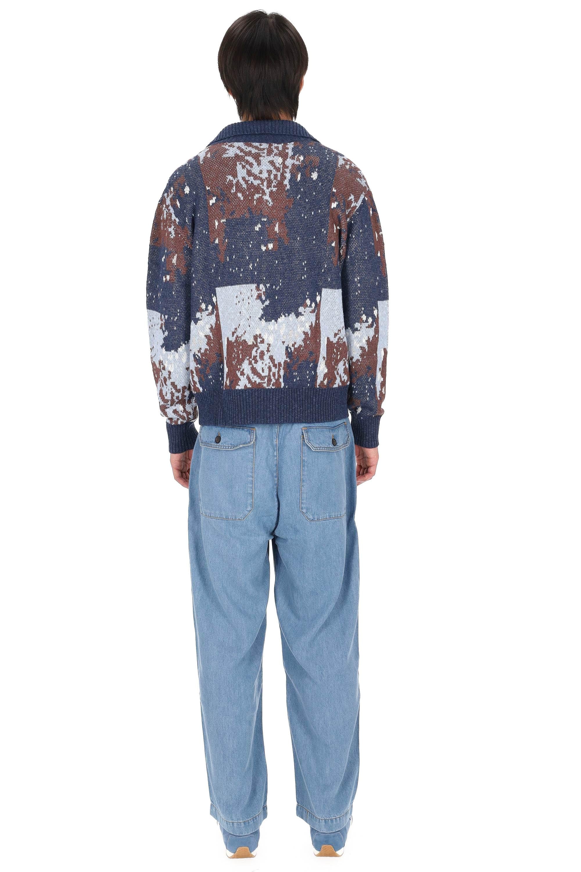 Officine Générale Maglia cardigan in cotone-lino terry jacquard MKNT307 NV/COCOA/BLUE/WH 