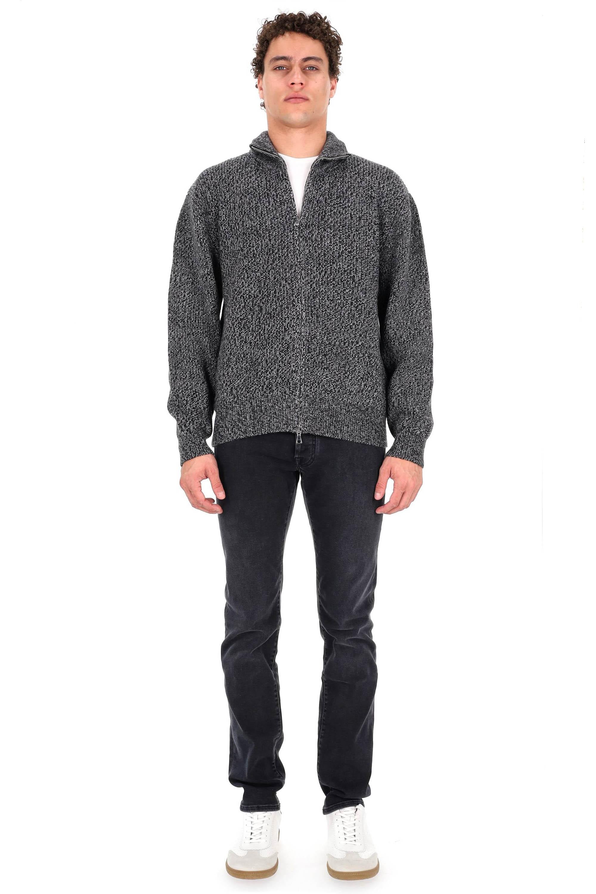 Officine Générale Maglia full zip in lana mouliné a costa inglese MKNT319 BLACK/GREY/ECRU 